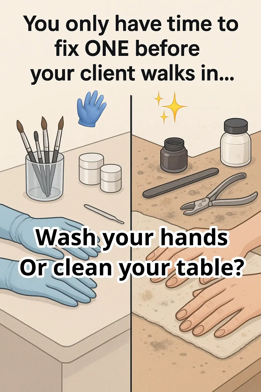 You only have time to fix one before your next Client walks in. Are you going to wash your hands or clean your table? Be honest. 👀 The answer says more than you think.