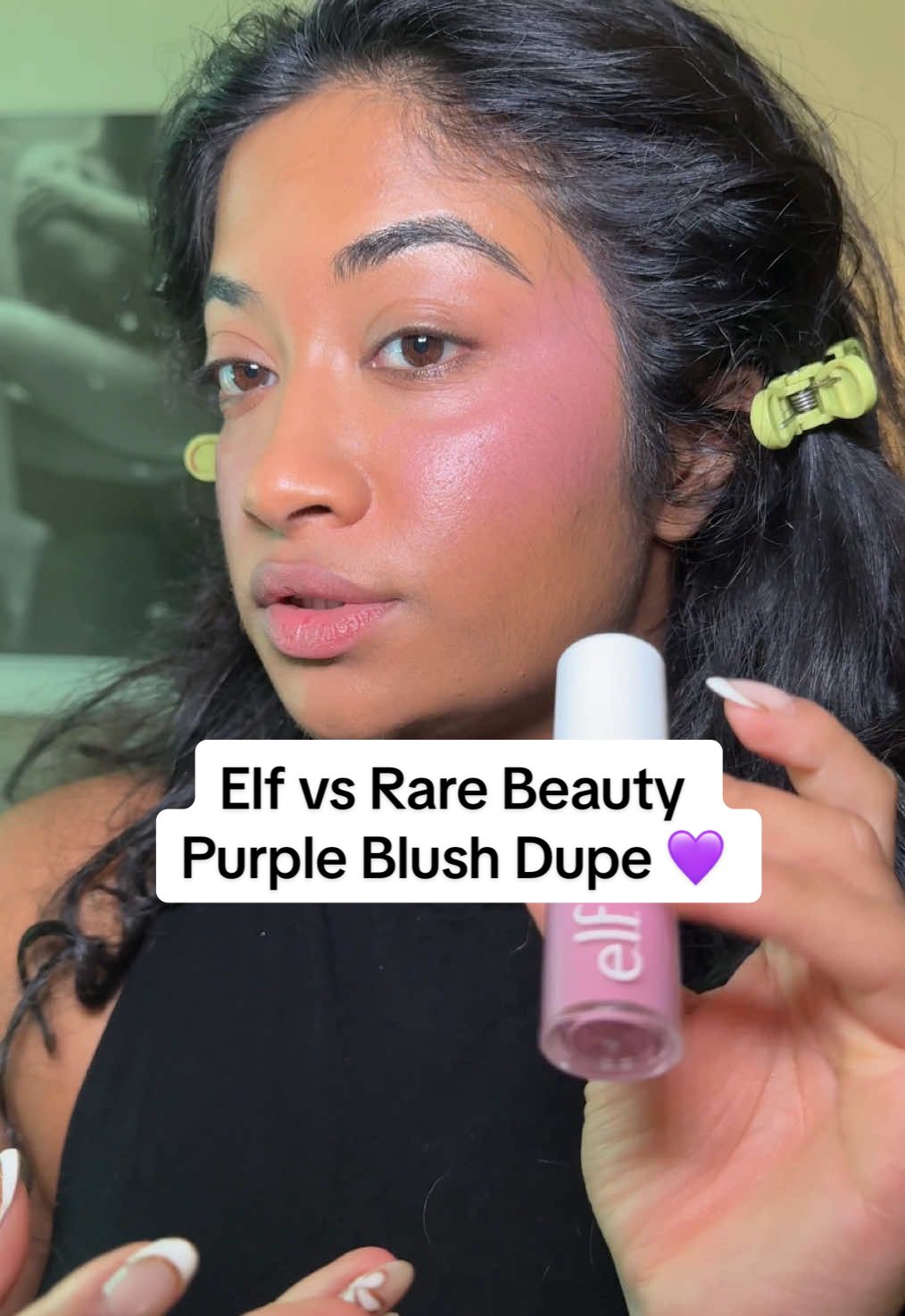 Replying to @Erayathrift Is the @e.l.f. Cosmetics lilac liquid blush a DUPE for the new @Rare Beauty purple blush in Spirited⁉️👀 (products 🔗ed in my bio) #rarebeautyblush #elfcosmetics #purpleblush #affordablemakeup #drugstoremakeup #browngirlmakeup #oliveskin #oliveundertone #brownoliveskin 