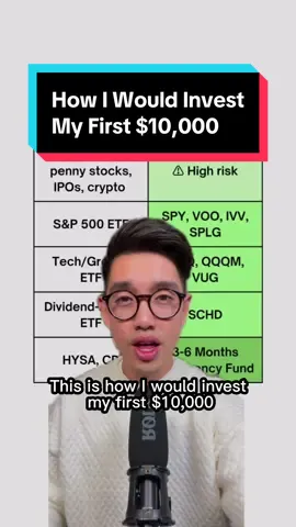 Comment INVEST or tag your friend if you want to learn how to invest at my next Beginners Investing Master Class 🙂 This is exactly how I’d invest my first $10,000 💵 1. Avoid high-risk picks: No meme stocks, cryptocurrency, IPOs, or penny stocks. 2. Diversify: Invest in a fund that tracks the S&P 500. 3. Focus on growth: Add a technology growth ETF like QQQ. 4. Earn passive income: Include a high-dividend-paying ETF like SCHD. 💡 Tip: Before investing, make sure you have 3–6 months' worth of expenses saved in a high-yield savings account. - Steve If you’re ready to start investing this year, don’t miss my next Beginner’s Investing Masterclass! Sign up now — link in bio. Want to join our Beginner’s Investing class? Comment “BIMC” and I’ll send you an invite! Follow @calltoleap Follow @calltoleap for investing videos Follow me @calltoleap to start your journey toward financial freedom! #StartSmallGrowBig #InvestingTips #WealthBuilding #SmartMoneyMoves #FinancialFreedom