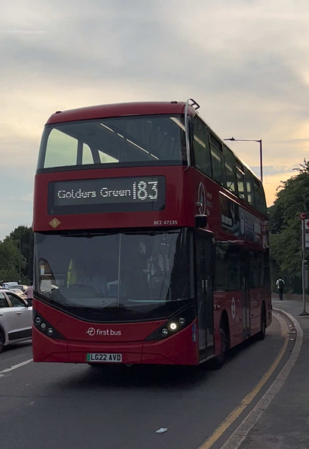 First Bus London BCE47135 (LG22AVD) leaves Kingsbury Road/Roe Green on 183 to Golders Green into the sunset with nice light show & @Suresh Kanbi behind the wheel. #fyp #bus #foryou #driver #likе #foryouu #yes #fast #kingsbury #bce #fln #viral 