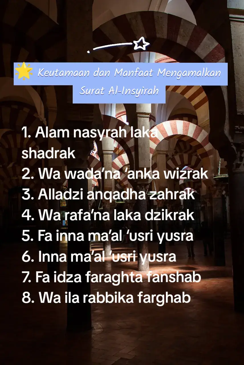 🌟 Keutamaan dan Manfaat Mengamalkan Surat Al-Insyirah 1. 💖 Hati Menjadi Lapang dan Tenang > “Bukankah Kami telah melapangkan dadamu?” ➤ Membaca surat ini dengan tadabbur membantu melegakan hati yang sedang sempit, stres, cemas, dan gelisah. 2. 🤲 Diberi Kemudahan dalam Setiap Kesulitan > “Sesungguhnya bersama kesulitan ada kemudahan.” ➤ Mengamalkannya adalah bentuk doa dan keyakinan bahwa Allah pasti akan bantu kita keluar dari masalah, sekecil atau sebesar apa pun ujian yang sedang dihadapi. 3. 💼 Dimudahkan dalam Urusan Dunia & Rezeki ➤ Banyak ulama mengatakan: 