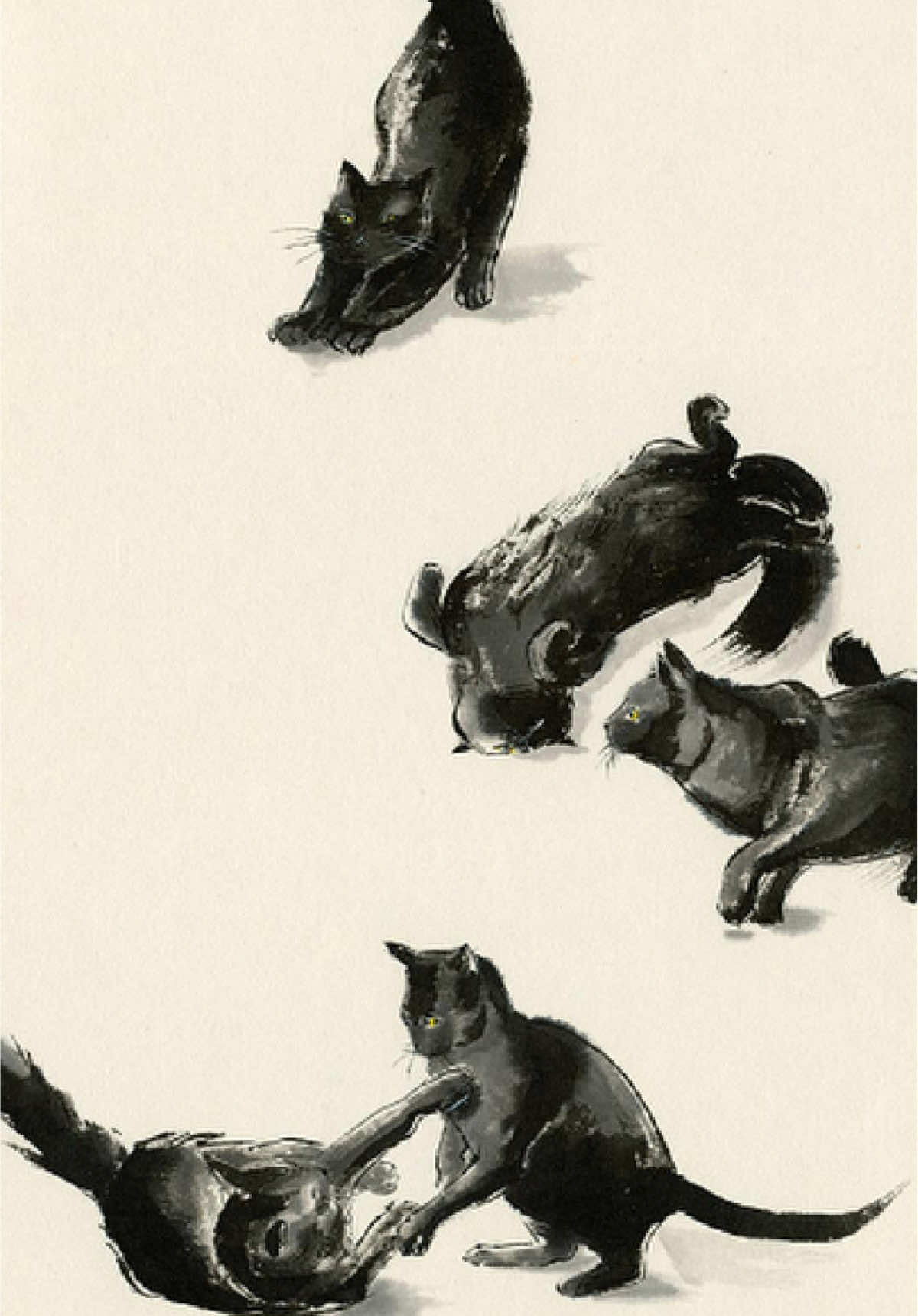 Little Voids. Sumi ink on washi paper. 12.3” x 17.25” The many moods of the black cat! This new piece will be shown at “Purrfectly Black: An Art Tribute to Black Cats” at Exhibit A gallery in Los Angeles! Opening reception will be August 17th 11am-7pm. #sumiink #catart #blackcats #inkpainting 