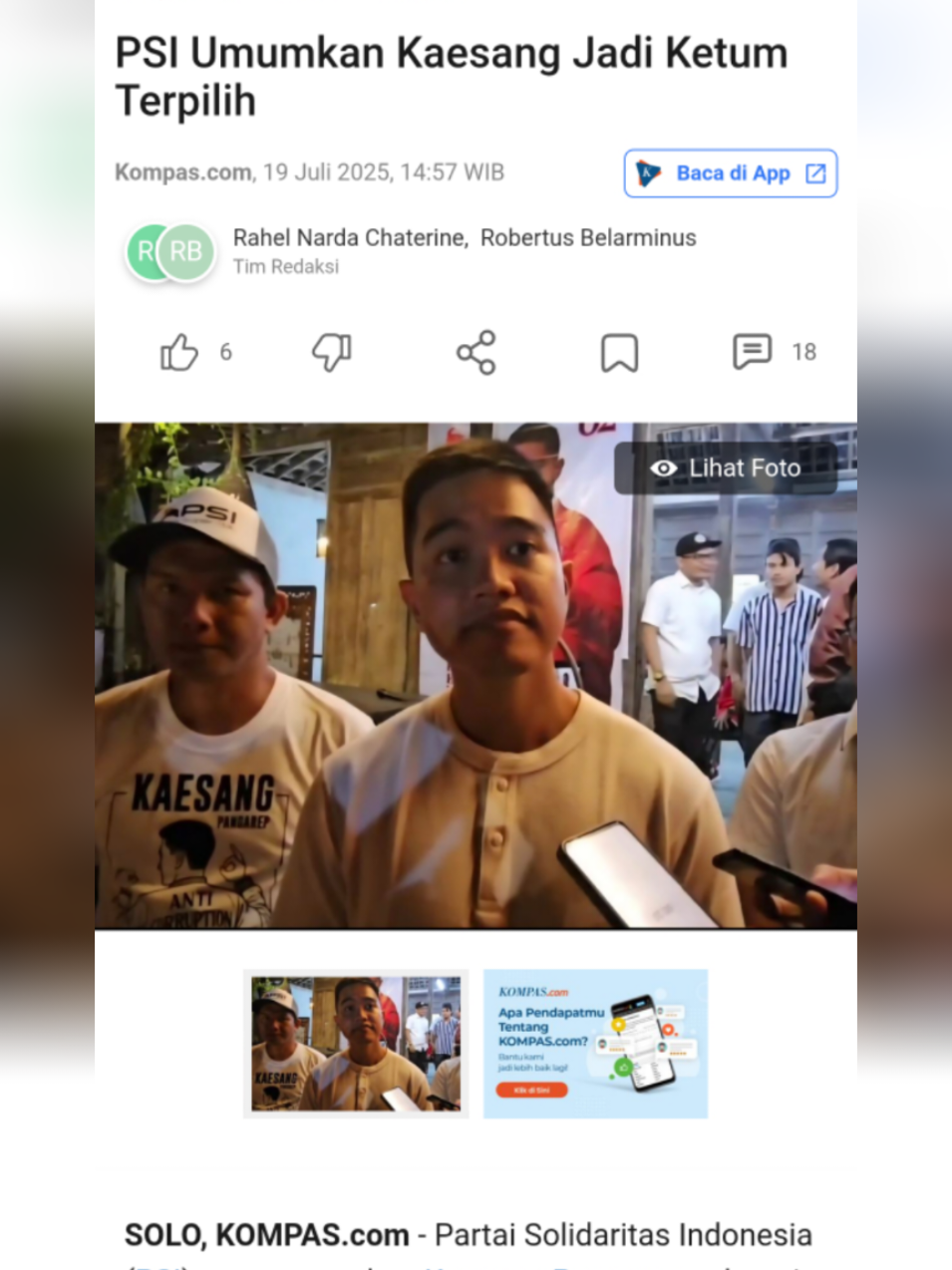 PSI Umumkan Kaesang Jadi Ketum Terpilih