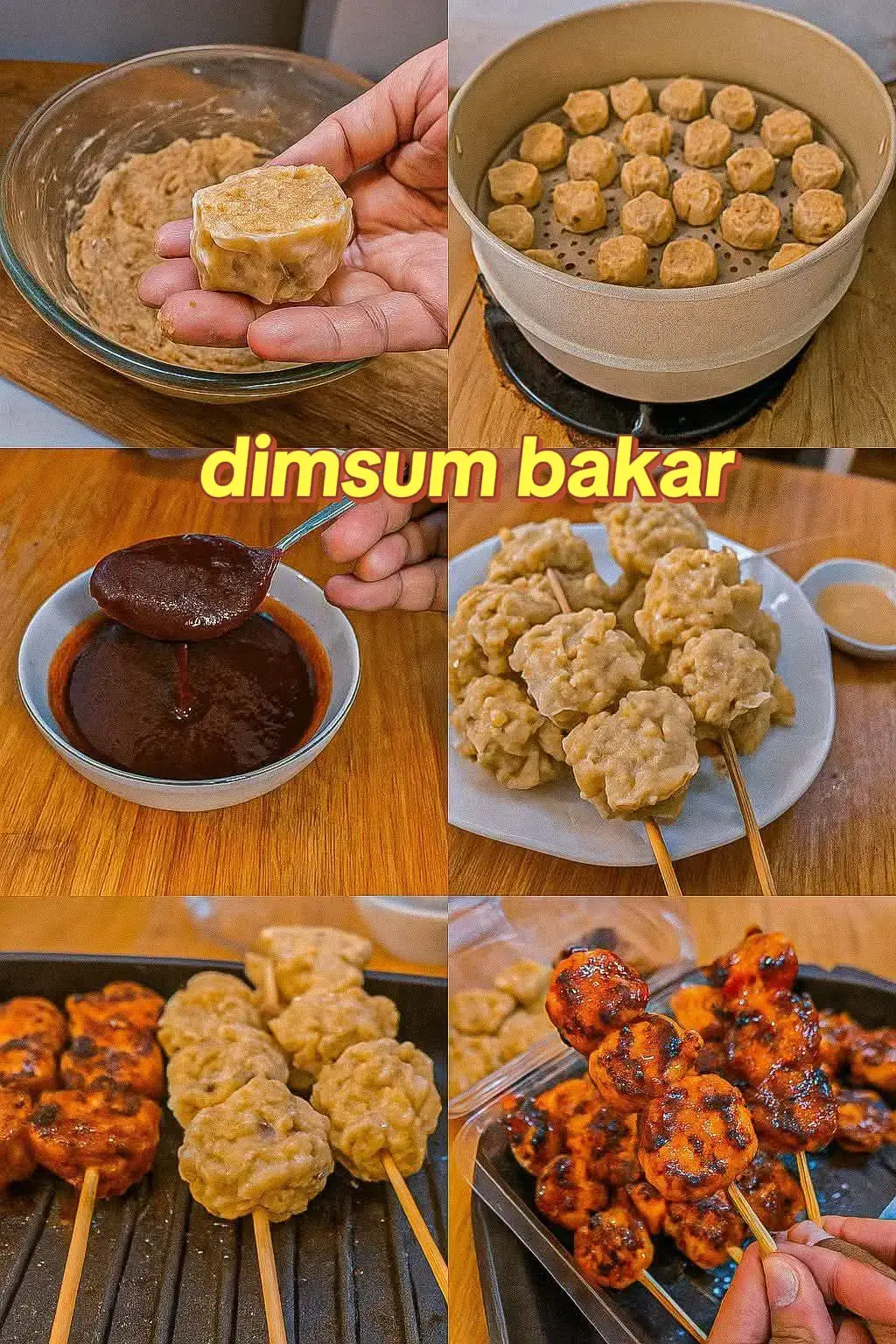 CARA BUAT DIMSUM BAKAR Bahan- bahan : - 1 kg Daging Ayam - ⁠10 siung Bawang Putih - ⁠1 butir Telur - ⁠1 sdt Garam - ⁠1 sdt Kaldu Bubuk - ⁠1 sdm Saus Tiram - ⁠1 sdm Minyak Wijen - ⁠100 gr Labu siam ( parut) - ⁠100 gr Tepung Tapioka - ⁠Kulit Dimsam secukupnya Bahan saus : - 100 gr Saus Sambal - ⁠30 gr Kecap Manis - ⁠50 gr Saus Barbeque - ⁠50 gr Saus Blackpeper Untuk racikan saus bisa disesuaikan dengan selera Cara membuat : 1. di chopper masukkan daging ayam, telur dan bawang putih lalu haluskan 2. pindahkan ke bowl tambahkan garam, kaldu bubuk, lada bubuk, saus tiram, minyak wijen aduk rata 3. ⁠masukkan labu siam dan tepung tapioka, aduk rata 4. ⁠siapkan kulit dimsum olesi dengan sedikit minyak , kemudian dibalik dan di isi dengan adonan secukupnya , lalu bentuk dan rapikan 5. ⁠lalu kukus selama 20 menit atau hingga matang 6. tusuk dimsum dengan tusukan sate, sisikan 7. ⁠siapkan bahan saus campur semua bahan aduk rata 8. olesi dimsum dengan saus lalu bakar diteflon 9. Dimsum Bakarnya siap disajikan. Selamat mencoba