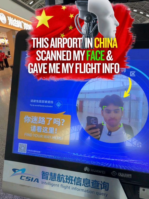 No passport. No boarding pass. Just my face… and boom — flight details on screen in seconds. 🤯✈️ This isn’t sci-fi — it’s an Airport in China. Just walk up to the screen, it scans your face, and tells you everything: ✅ Flight status ✅ Boarding gate ✅ Directions to your gate ✅ Real-time updates All without even touching the screen. The tech is built by Huawei. Imagine airports like this worldwide? No chaos, no confusion — just systems that work. #china #china🇨🇳 #chinatravel #travelblogger #artificial_intelligence #airport #airport✈️ #indianvlogger