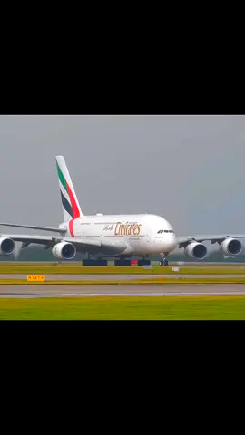 Emirates Airbus A380 takes off from Manchester Airport on a wet runway #EmiratesA380 #Manchester #AviationLovers #Wet #airplane 