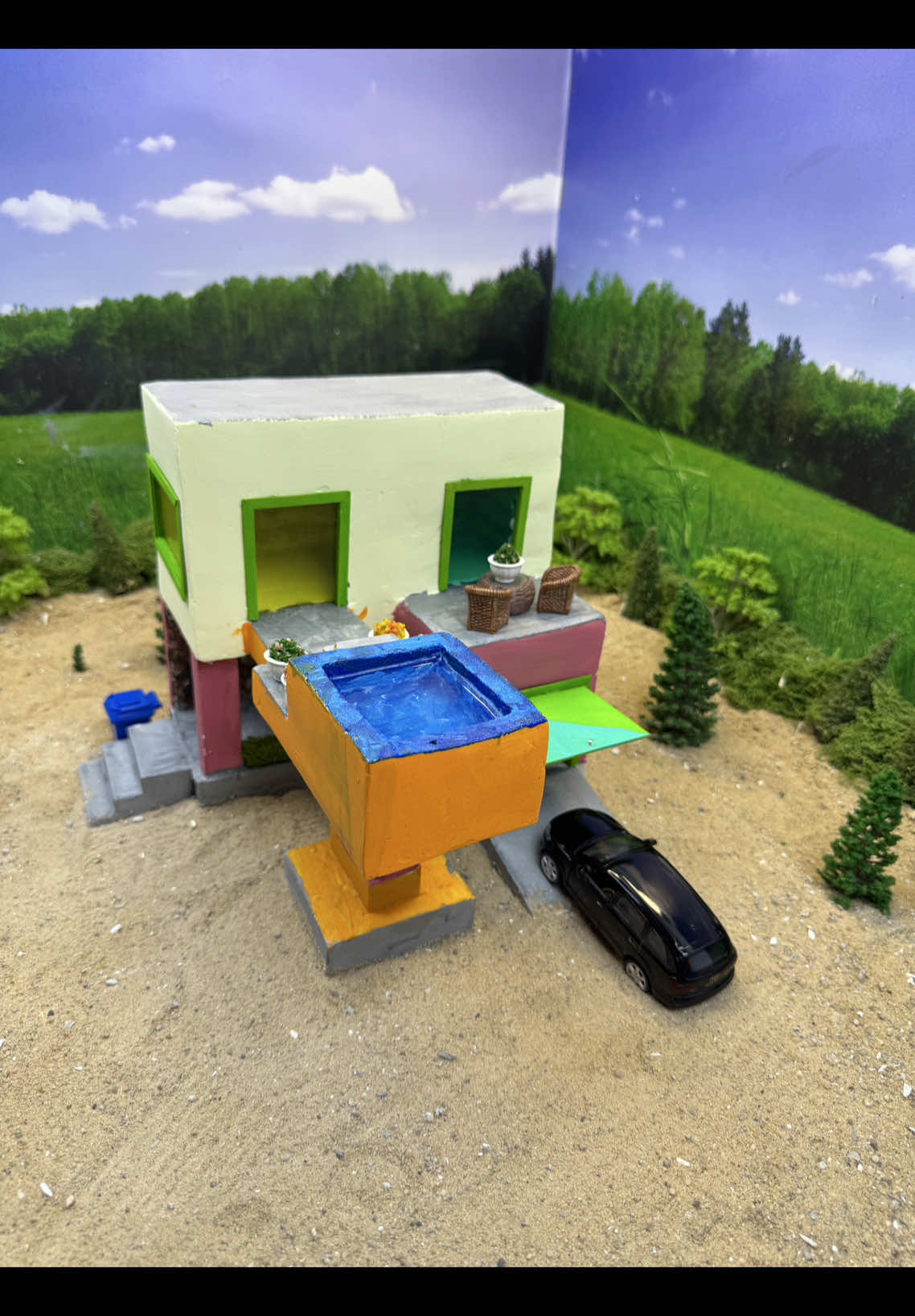 🏠✨ Two-story mini-house with a swimming pool and a panoramic view! Everything is handmade with love for details 💛 🔨 Real materials, mini bricks, water in the pool, garden furniture and even a car near the house! 🎥 This is more than a hobby - it's a mini-world that you want to immerse yourself in! 🌿 Write in the comments if you would like to live in such a house 🏡👇 #minihouse #tinyhouse #MiniBricks #miniature #house #vfuho 