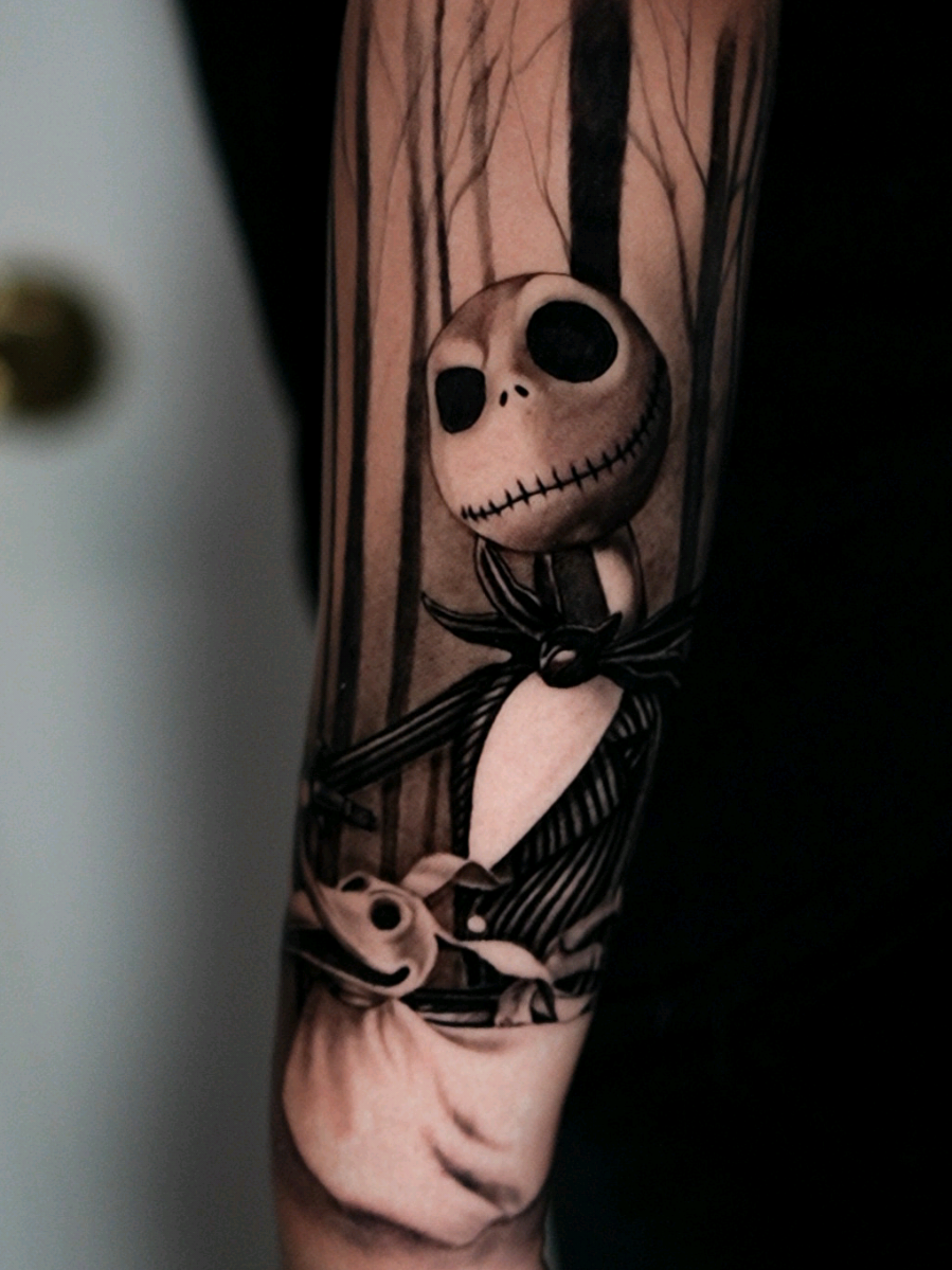This Jack Skeleton was super fun to do!!! Would definitely love to do more Tim Burton tattoos. What is your tattoo idea???? Now booking for end of August and September  Dm to book your next appointment!  #tattooidea  #jackskellington #TimBurton #nightmarebeforechristmas #tattoo 