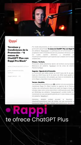 Rappi te ofrece ChatGPT Plus La plataforma de entrega a domicilio Rappi anunció un beneficio para los suscriptores de la cuenta Rappi Pro Black. Además de tener envíos ilimitados y sin costo adicional por servicio de entrega de restaurantes cercanos, tendrás acceso a ChatGPT Plus durante seis meses. La promoción es válida en Colombia, Argentina, Perú, Chile, Uruguay, Costa Rica, Ecuador y México. El costo de la membresía Rappi Pro Black es de 179 pesos, cerca a los 10 dólares estadounidenses, mientras que el costo de ChatGPT Plus cuesta 20 dólares. Solo es necesario haber pagado un mes de Rappi Pro Black para poder tener el servicio durante seis meses, por lo que esta es una buena oferta incluso si no usas las entregas de comida de Rappi.