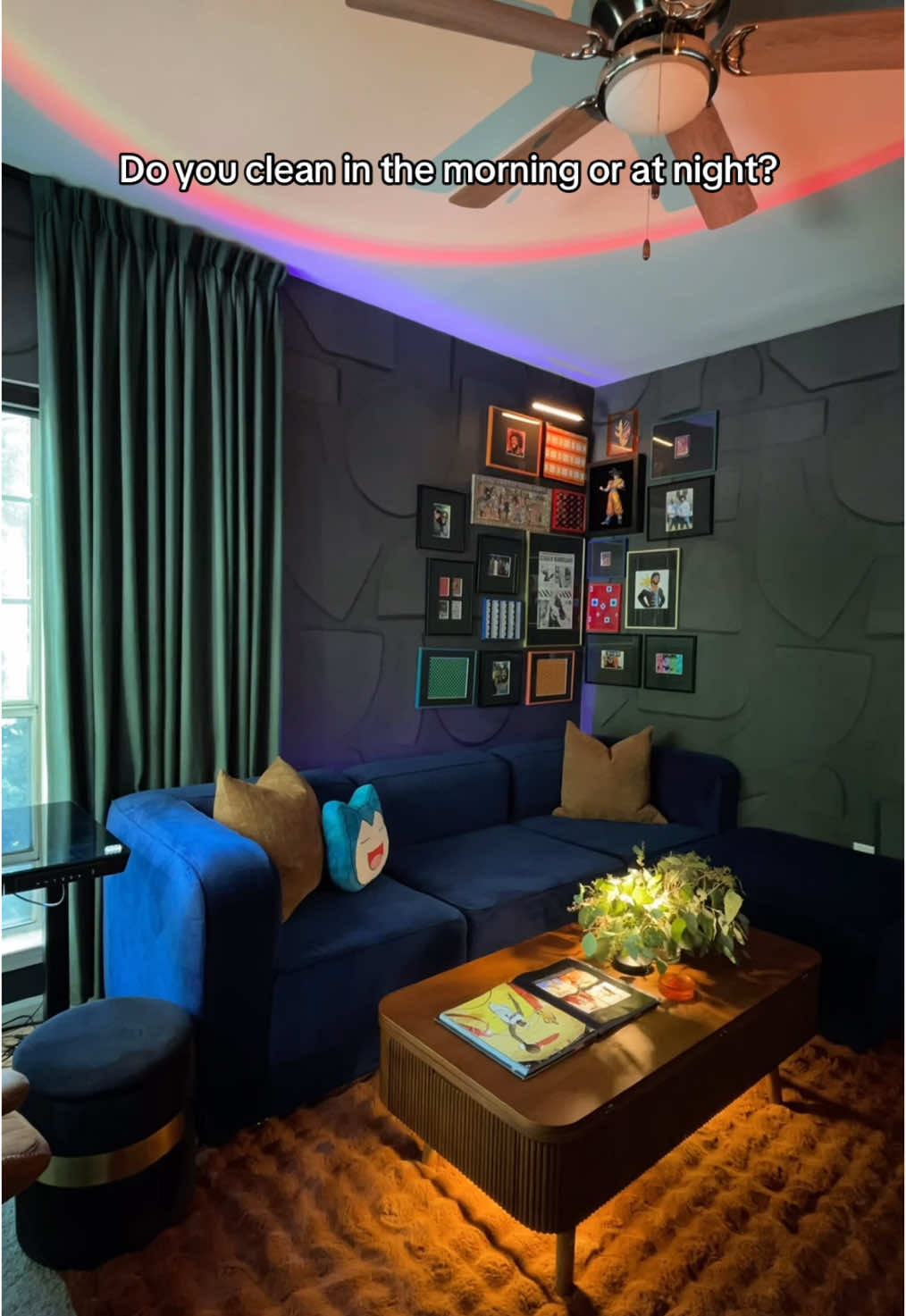 #ApartmentMakeover #Mancavedecor #apartmentdecor #joybirdsofa #bluesofa #apartmentinspo #greencurtains #linencurtains #darkandmoodyaesthetic 