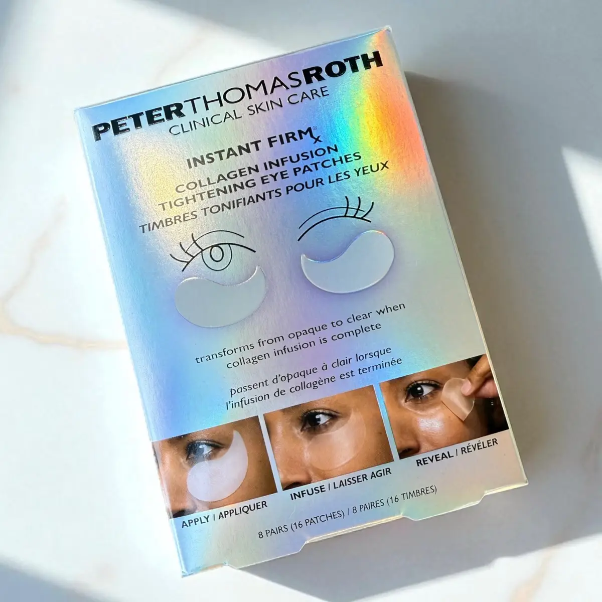 #Gifted By Peter Thomas Roth  ✨Instant Firm Collagen Infusing Tightening✨                            Eye patches -Collagen packed gel patches that tighten, firm, and lift the look of under-eyes after just one use. -Key ingredients include collagen, niacinamide, caffeine. and hyaluronic acid.  -To use, apply to under eye. Once patches go from white to clear, they are ready to remove the entire process can take 1 to 2 hours depending on your skin type.  -8 individual pairs per box  -I am a huge fan of Peter Roth Thomas products, especially their eye patches. I really believe this is one brand where the products are worth the price. I use eye patches several times a week, so I was so excited to try these. The patches fit perfectly underneath my eye and within a few minutes they had firmly adhered to the area and weren’t moving around. The whole process took about 2 hours for the patches to become clear. After I removed them my under eye looked and felt brighter, smoother; and more hydrated. Before putting these on, I didn’t realize that it could take so long for them to dissolve, so next time I use them, I will be doing them overnight instead of during the day. I loved these and definitely recommend.  #complimentary #PeterThomasRoth #PTR #InstantFIRMx @influenster @Peter Thomas Roth Labs  