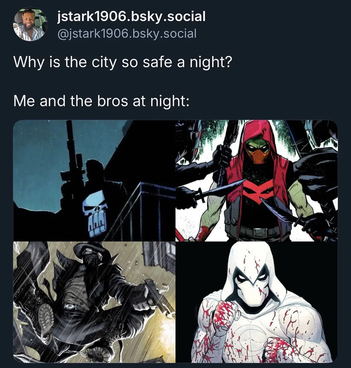The city needs us  #Punisher #RedHood #NoirSpiderman #Moonknight 