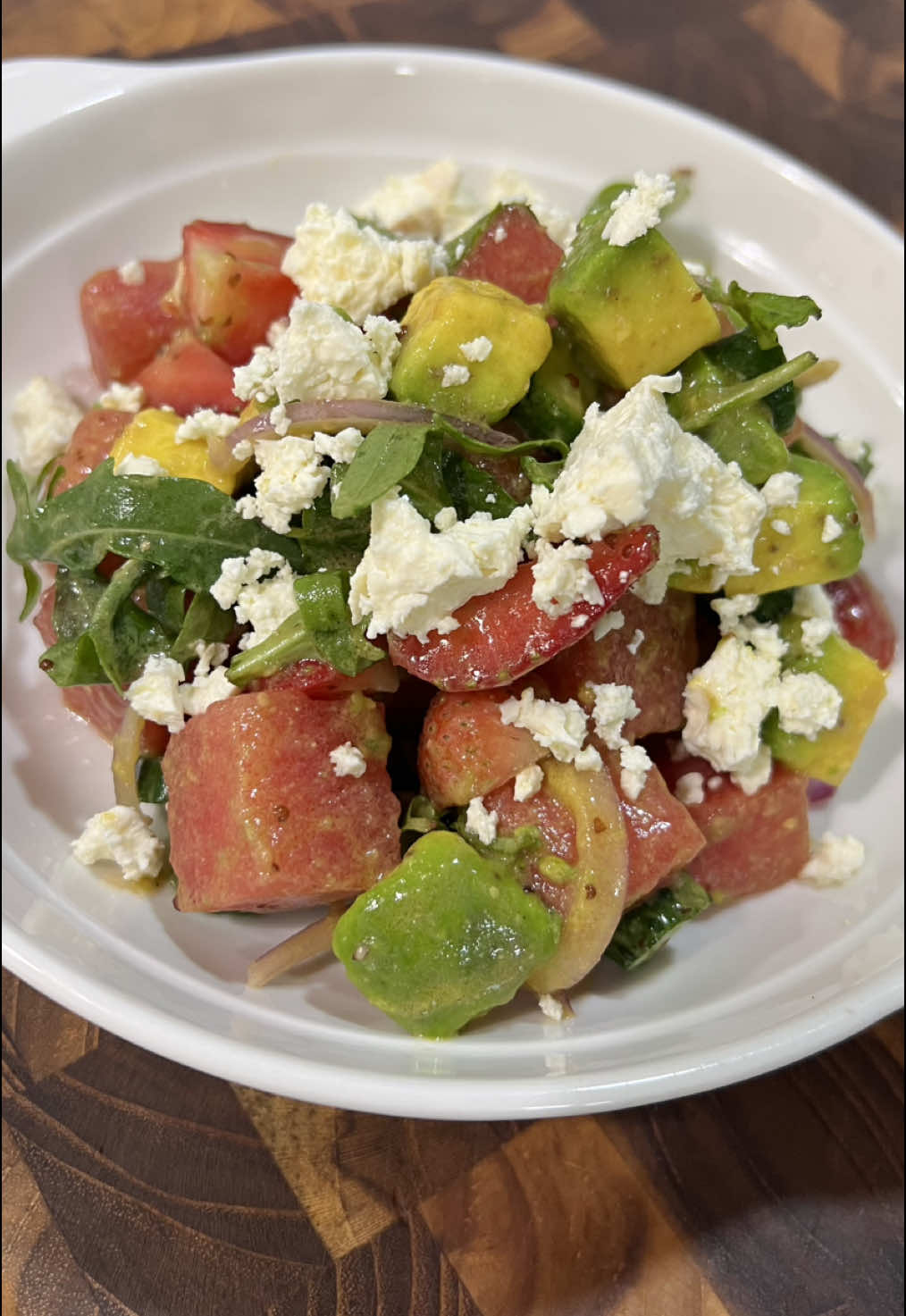 Watermelon Feta Salad You need: Watermelon Cucumber Red onion Mint Feta cheese Ripe avocado (optional) Aragula Dressing: Dijon mustard Grain mustard  Lemon Honey Olive oil Salt pepper Thyme (optional) #masakdirumah #homecook #videomasak 