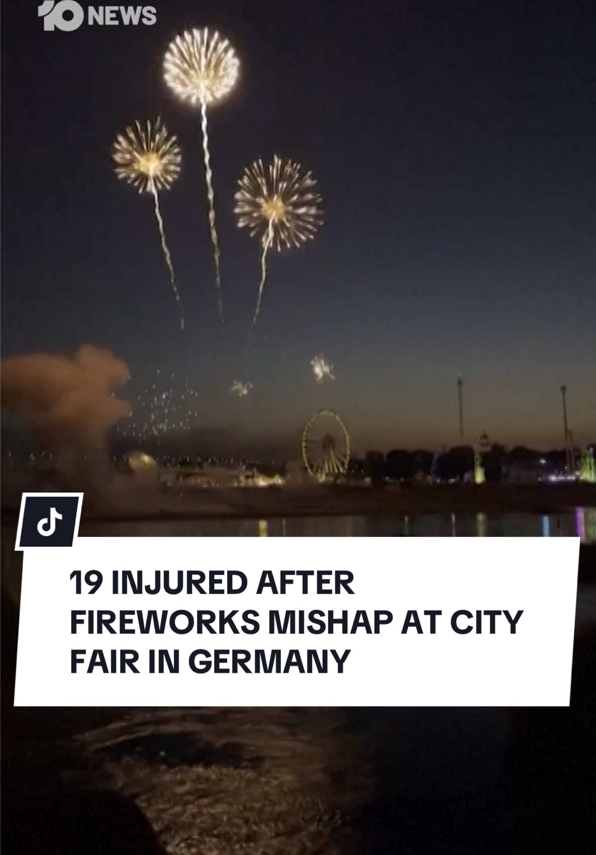 19 people were injured following a fireworks accident during a city fair in Düsseldorf, Germany, on Friday night. The incident occurred during the fireworks display at the Rheinkirmes event along the Rhine River. According to emergency services, the fireworks went off unusually low, near ground level along the riverbank. At least one child was among the injured, with four people reported to be in serious condition, according to emergency crews on the scene. Eyewitness videos shared on social media show the fireworks display unfolding before a thick cloud of smoke rises into the sky. Düsseldorf fire services confirmed that police have launched an investigation into the cause of the accident. #germany #fireworksincident 