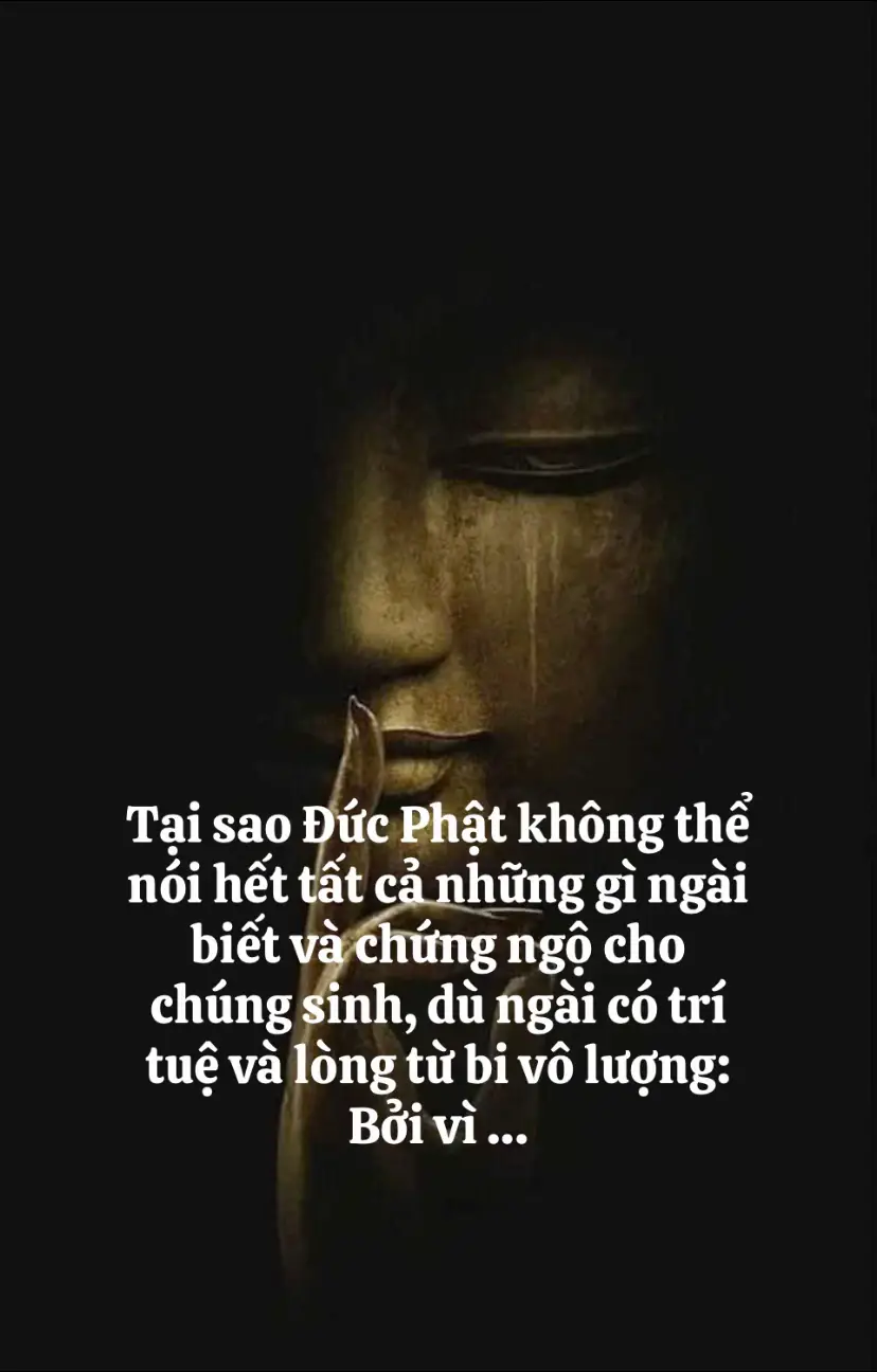 Tại sao Đức Phật không thể nói hết tất cả những gì ngài biết và chứng ngộ cho chúng sinh, dù ngài có trí tuệ và lòng từ bi vô lượng: 1. Trí tuệ không thể cho đi Trí tuệ, đặc biệt là trí tuệ giải thoát trong Phật giáo, không phải là một món quà có thể ban tặng. Nó là kết quả của quá trình tự tu tập, tự quán chiếu và tự thể nghiệm của mỗi cá nhân. Đức Phật chỉ là người chỉ đường, còn việc đi trên con đường đó và đạt được sự giác ngộ thì mỗi người phải tự mình nỗ lực. Ngài đã từng dạy: 