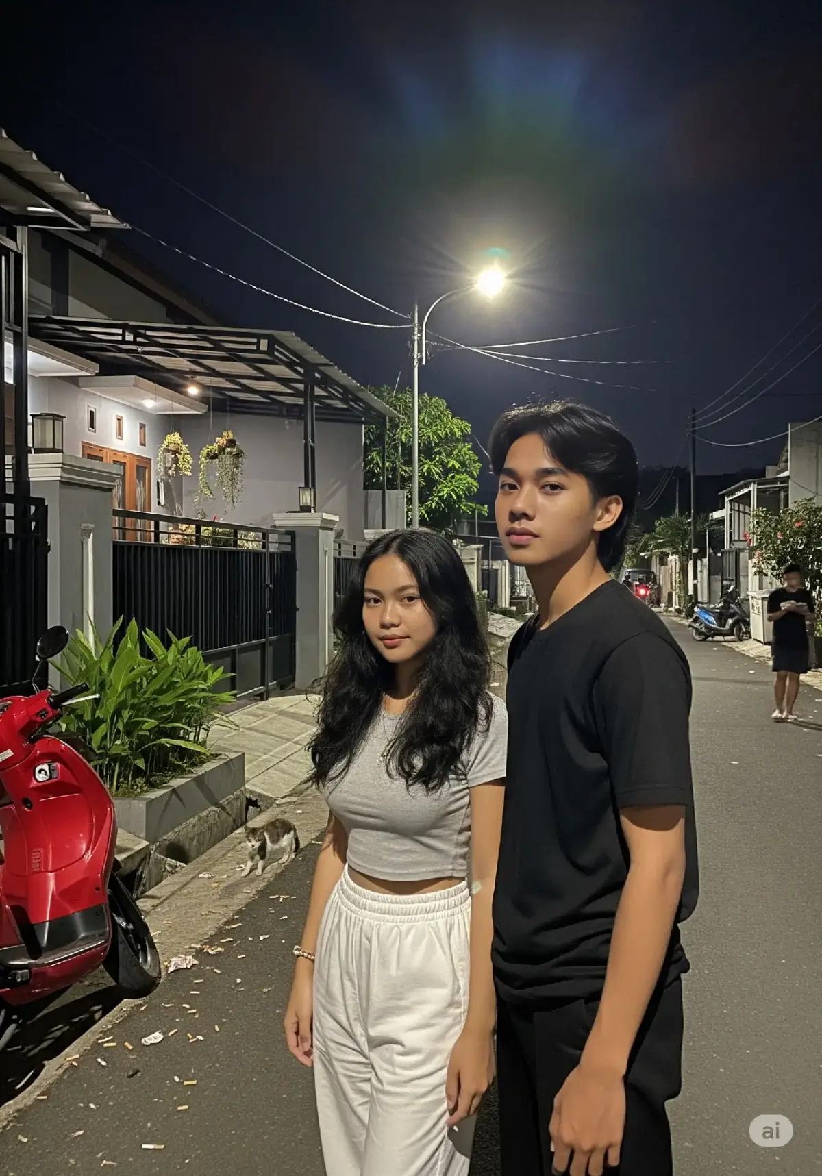 Foto potret malam hari dari dua orang, kemungkinan pasangan muda remaja asal indonesia, menggunakan kamera iphone dengan kualitas resolusi agak rendah, kontras rendah, bayangan lembut, tidak ada efek estetika tambahan, foto terlihat original tidak seperti di edit.  berdiri di jalan perumahan yang diterangi cahaya lampu jalan. Di sebelah kiri gambar, sebuah sepeda motor matic berwarna merah terparkir sebagian terlihat, dan di belakangnya, pagar rumah abu-abu modern dengan tanaman hijau subur di sampingnya. Langit terlihat gelap dengan sedikit cahaya, menunjukkan waktu malam. Berikan beberapa detail seperti sampah kecil, beberapa puntung rokok, se ekor kucing dan orang yang sedang melintas.  Subjek utama adalah seorang wanita remaja cantik dengan wajah cerah, rambut hitam panjang bergelombang yang terurai, mengenakan crop top ketat dan celana panjang putih. Ekspresi wajahnya terlihat tenang dengan tatapan langsung ke kamera. Di belakang dan sedikit condong ke arahnya adalah seorang laki-laki remaja tampan ber-umur 18 tahun asal indonesia, memiliki wajah cerah dan bentuk wajah oval, garis rahang tegas, berambut hitam agak panjang bergaya mullet dengan bagian poni pas di atas mata, ia mengenakan kaos hitam polos, dan celana panjang hitam. Dia terlihat sedikit lebih tinggi dari wanita tersebut, dan pandangannya mengarah ke samping, tidak langsung ke kamera. Pencahayaan dalam gambar berasal dari sumber cahaya buatan namun terlihat realistis, kemungkinan lampu jalan, yang menciptakan bayangan lembut dan menyoroti subjek. Latar belakang menunjukkan lingkungan perumahan dengan rumah-rumah dan jalanan yang sepi khas indonesia.  Rasio 3:4 #ai #aiart #gemini #chatgpt #fyp 