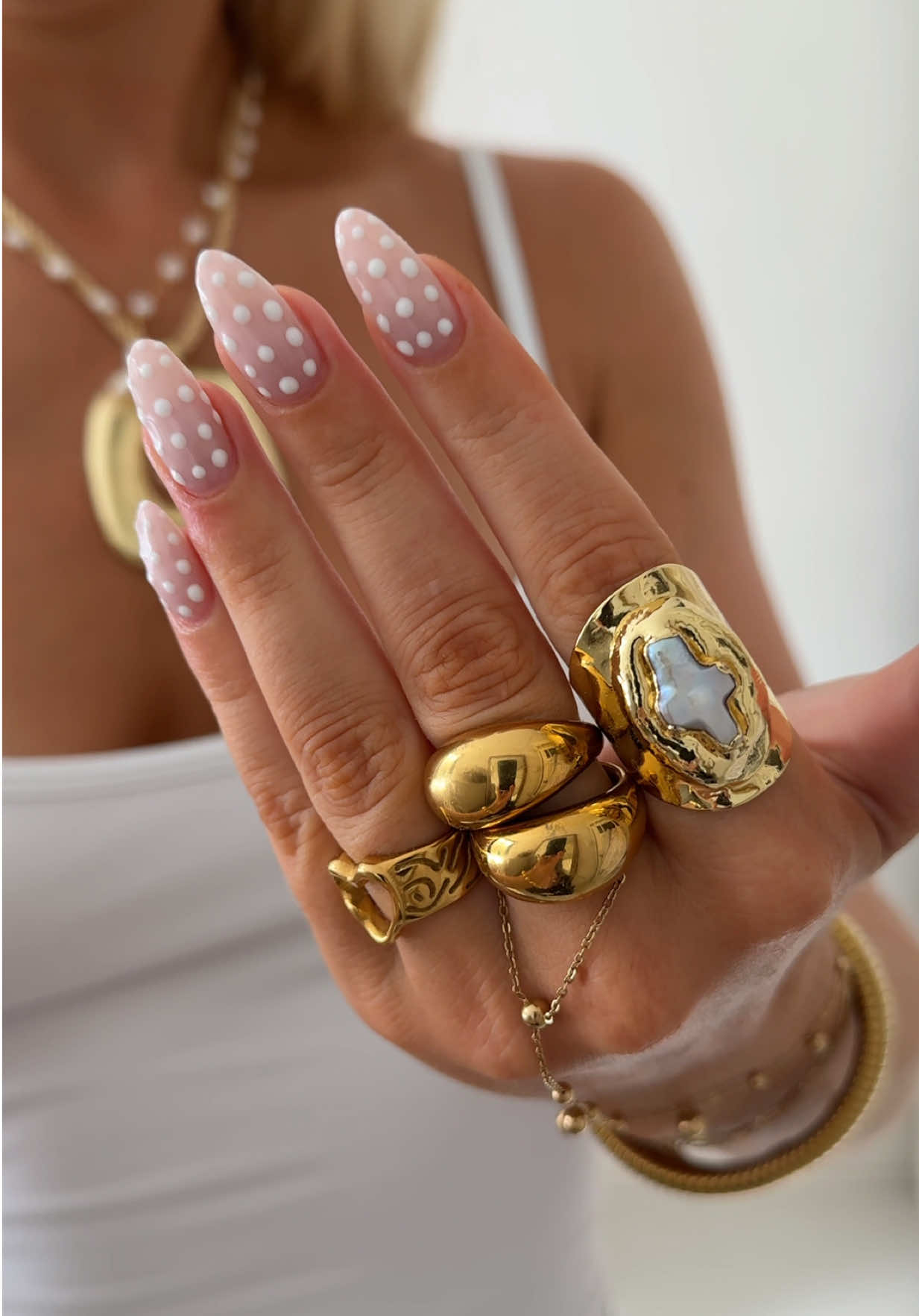 time for the world to see my new set omg I keep saying this but this might be my favorite set I’ve ever done #nailinspo #polkadotnails #naildesign #goldjewelry #ringstack 