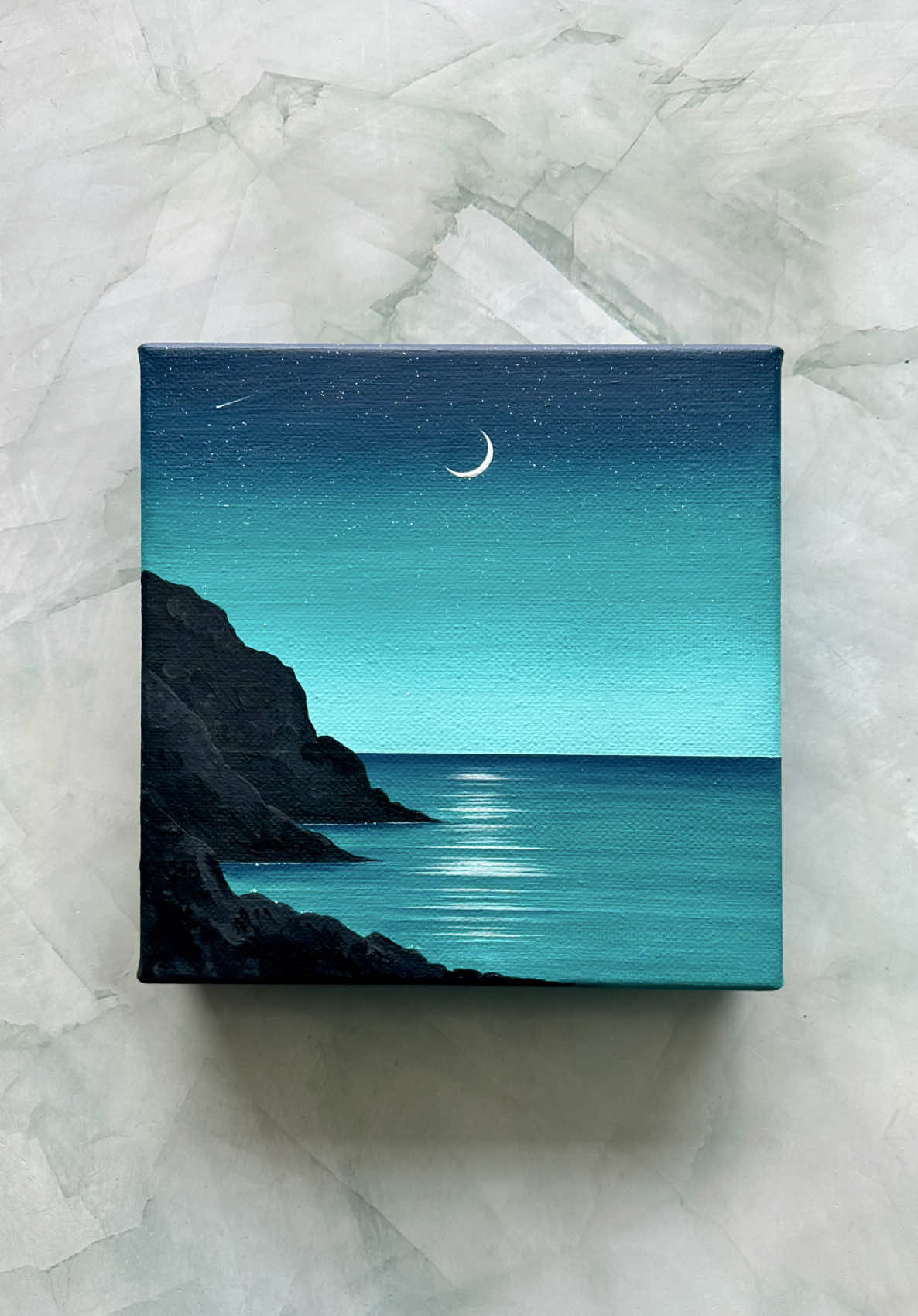 the sea that holds light 🌙🌊🩵✨ what kind of feeling does this scene bring up for you? 🌌🥹 🎨: navy blue, primary blue, aqua, ocean view, white, ivory black #arttok #acrylicpainting #paintingprocess #paintingtok #tiktokart