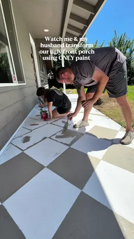 It seriously looks like we laid tile! I’m obsessed 😭 Thanks to @Kyliekatich for the idea!! Here are some things we learned in the process!  ✨ Cam cut out a 16x16 piece of wood to trace! We tried using a giant ruler at one point to make it easier but that didn’t stay straight so just trace!  ✨ I found it was easiest to use a sponge brush for the outline and then fill in with a larger brush bc you will need multiple coats!  ✨ Make sure to prime and seal! The sealing was just like a giant mod podge project!  ✨ Don’t get too caught up in it being perfect! We used dots to mark which checkerboard was where. And we definitely went back and forth doing several final touches before sealing, but unless you’re looking for mistakes, you really can’t tell!  All the products we used are linked in my bio!! 🫶🏼  #frontporchrefresh #diyproject #frontporchmakeover #checkerboardfloor #checkerboard 
