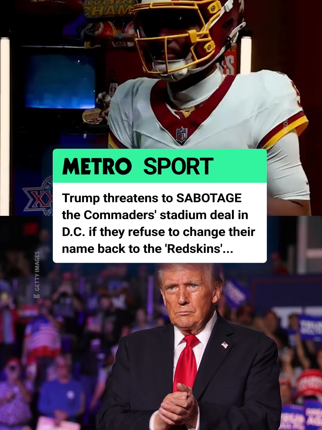Trump wants the 'Redskins' name back 😬 POTUS Donald Trump has threatened to sabotage the Washington Commaders' new stadium deal in Washington D.C. as they look to return to the captial, but only if they refuse to change their name back to the 'Redskins'. The team got rid of the 'Redskins' name in 2020 after many complained their name was a racial slur for Native Americans... #donaldtrump #potus #nfl #nflfootball #nfltiktok #nfltok #nflnews #washington #washingtondc #washingtoncommanders #commanders #americanfootball #washingtonredskins #redskins #stadium #washingtonstadium #commandersstadium #SportsNews #donaldtrumpnews #metro #metrosport #metrosportuk #president