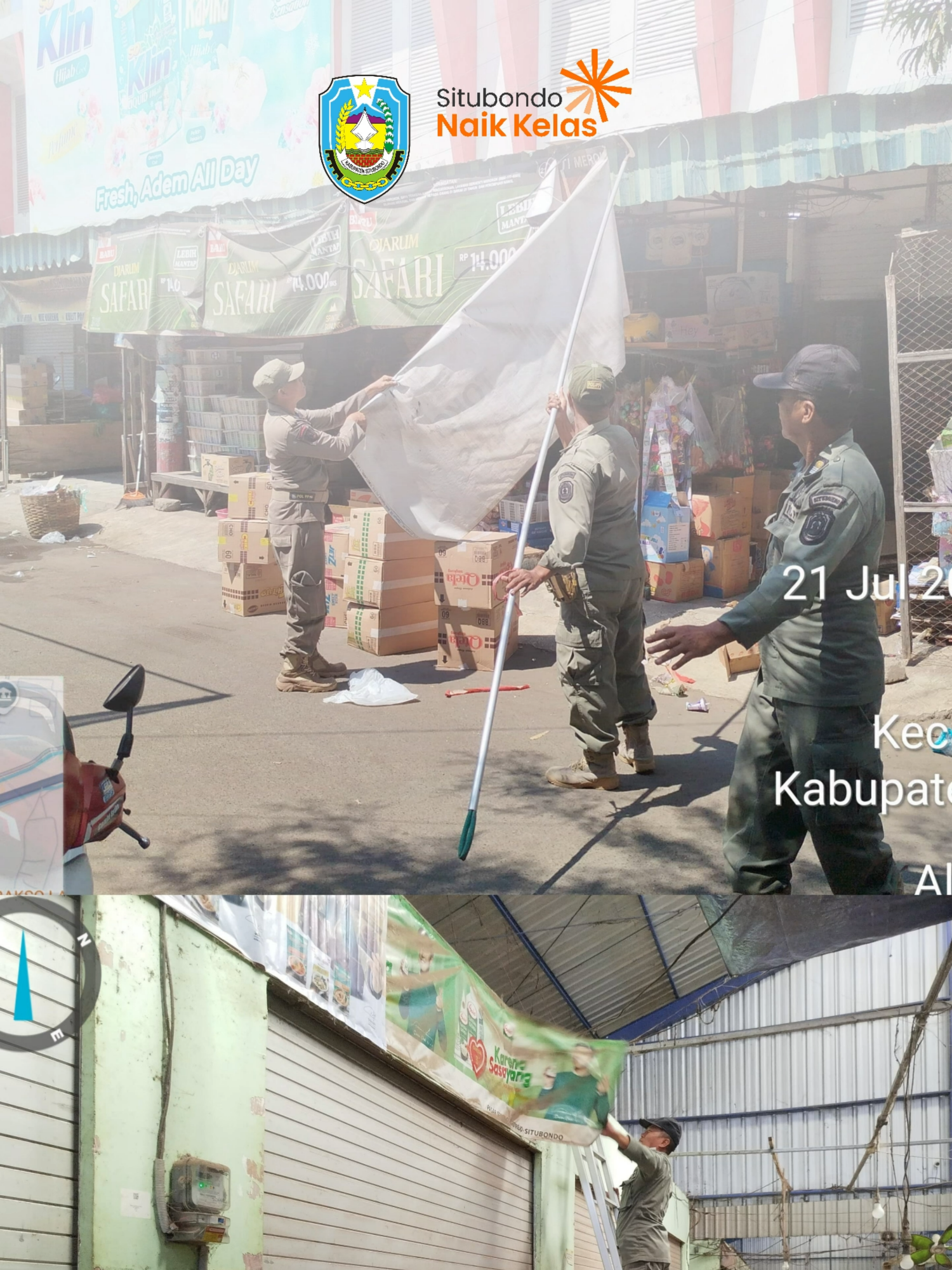 Senin, 21 Juli 2025 Badan Pendaparan Daerah Kabupaten Situbondo bekerjasama dengan Satpol PP melakukan upaya penertiban berupa penurunan reklame liar/ilegal yang dipasang di lingkungan pasar Sumberkolak dan pasar Adirejo