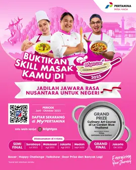 Buruan registrasi sekarang! Cukup download aplikasi MyPertamina, lalu pilih banner Bright Gas Cooking Competition dan sertakan link video demo masak terbaik kamu, yang sudah upload di Instagram atau TikTok pribadi kamu! Catat ya! Upload dan daftarkan video kamu sebelum 27 Juli 2025 dengan tema kreasi ‘Nusantara Untuk Negeri’   Jangan sampai ketinggalan ya, siapa tau kamu yang jadi juaranya!