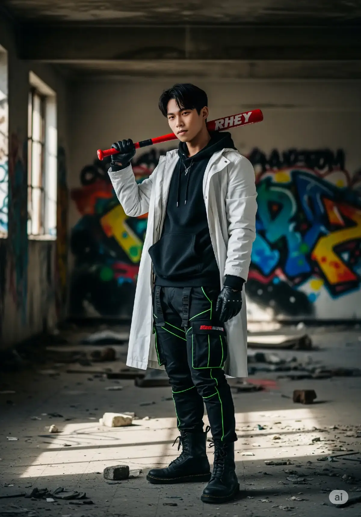mau prompt ⬇️⬇️ Ultra-realistic 8K vertical photo featuring a young Asian man, Korean-style comma hair, with a modern and urban look, standing inside an abandoned building covered in colorful graffiti with cheerful themes. Main Subject: the man is wearing a black hoodie, combined with an open white long jacket or coat, wearing tight black gloves. He is wearing black cargo pants with racing green highlighter accents, black boots. With a serious or cool expression and looking directly at the camera with his right hand carrying a red baseball bat with white typography that says 