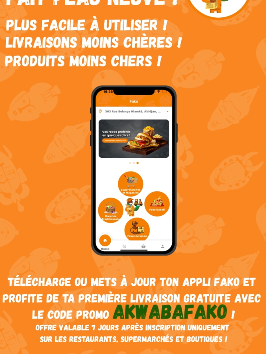 🎉 Nouvelle app = première commande avec livraison GRATUITE 😏 💥 Télécharge 👉🏿 http://q-r.to/FakoDrop , entre le code AKWABAFAKO et BOUM 💣 : repas livré gratos chez toi ! 🍔🍟 T’as plus d’excuse hein ! Teste et dis-nous ce que t’as pris 👇🏾 #AkwabaFako #FoodTokCI #CocodyDelivery #1CommandeGratuite 
