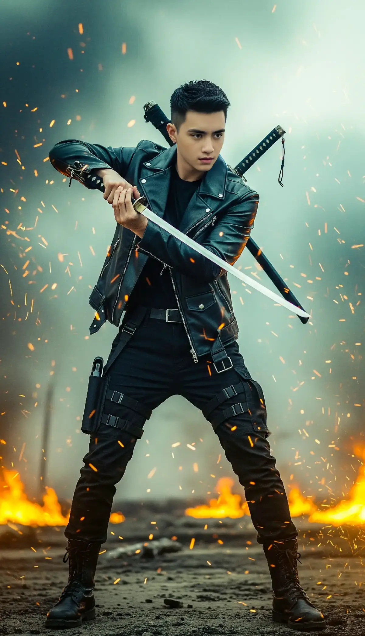 Banyak yg komen tanya Prompt  Oke sya share #akofficial #geminiAI  Creat A highly realistic cinematic portrait of a fierce young Asian man in a dramatic battle stance, holding a sharp katana with both hands. He wears a black leather jacket, tactical pants with utility straps, and combat boots. A second katana is strapped to his back. The background is filled with flying sparks, fire, and smoke, creating an intense, post-apocalyptic or action-movie atmosphere. His expression is serious and focused, standing on dark, scorched ground. The lighting highlights ratio 9:16 UHD