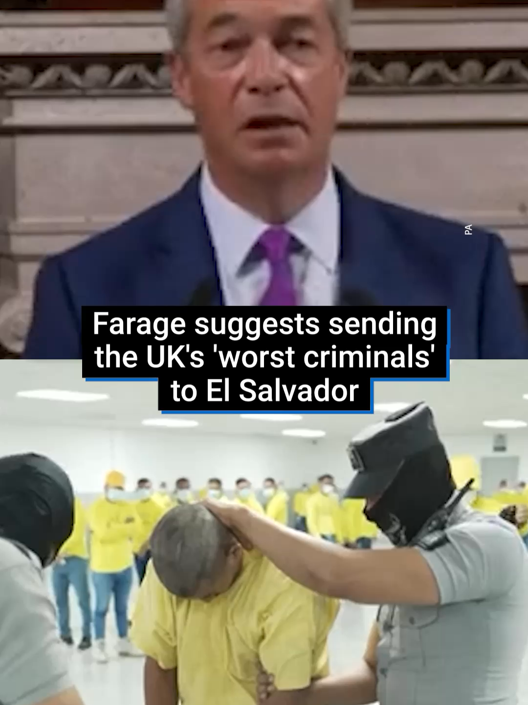 Nigel Farage has said violent UK offenders could be jailed overseas under his plans to cut crime by half. The Reform UK leader named El Salvador as a likely destination. He also announced plans to build five prisons, return foreign prisoners to their country of origin, and recruit 30,000 police officers. #nigelfarage #reformuk #ukpolitics #elsalvador