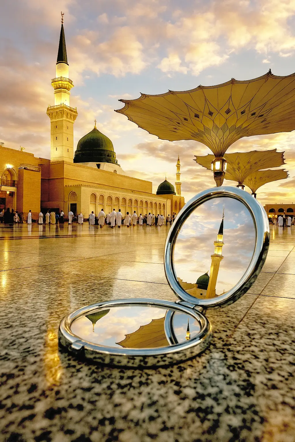 Madinah, the City of the Prophet, shines bright A beacon of faith, where Islam's history takes flight The Masjid an-Nabawi, a mosque of grandeur and might Where the Prophet Muhammad's tomb is a sacred sight The city's streets are lined with date palms, green and tall A tranquil oasis, where faith and peace enthrall Madinah's rich history and heritage are palpable and real A place where Muslims from all over the world come to feel. The city's warm hospitality and welcoming smile Make it a place of pilgrimage, worth traveling a long while. #1mviews #grow 