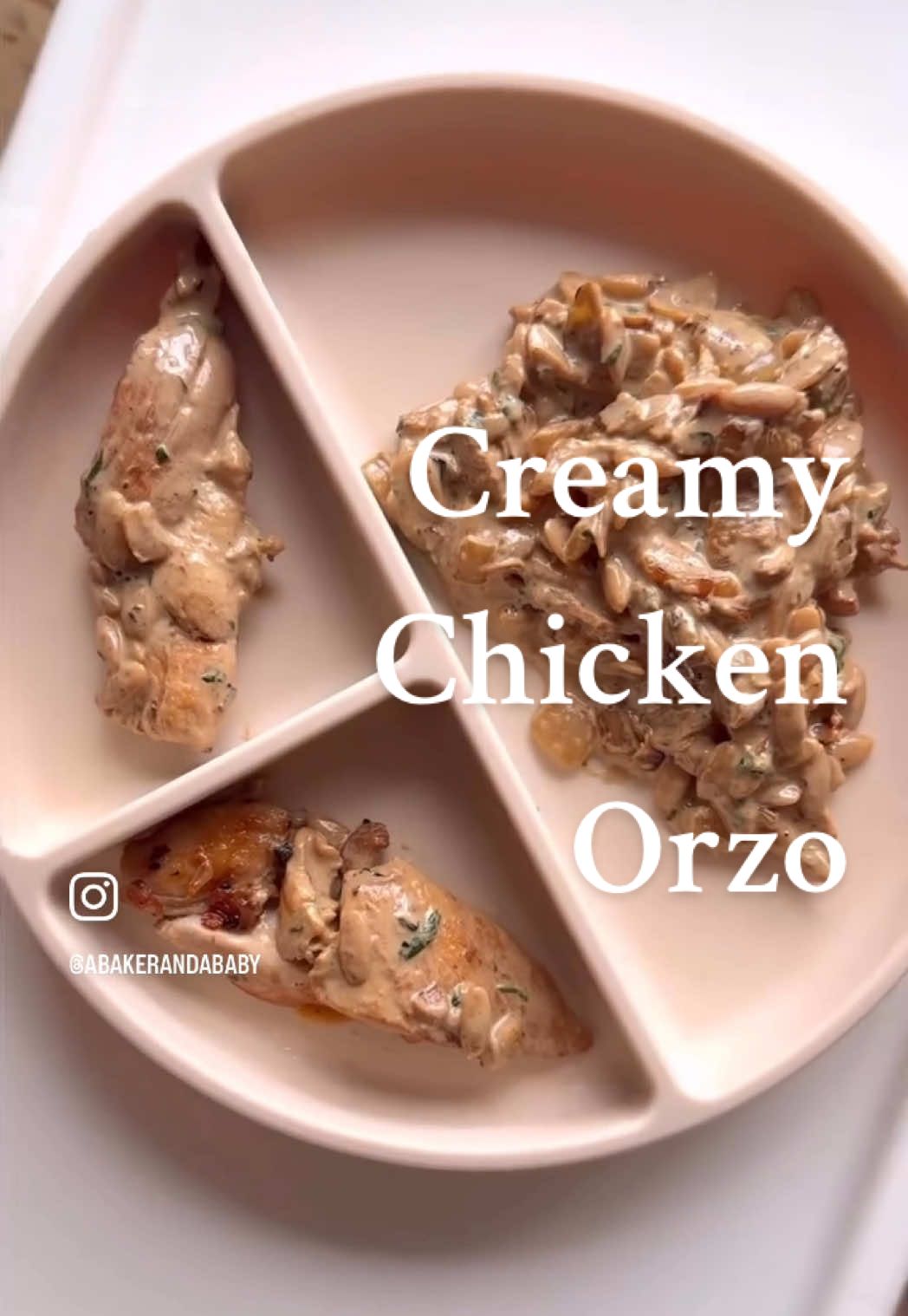 Creamy Chicken Orzo Soft, simple, and easy for babies to manage. Chicken and pasta makes this a no-fuss, balanced meal for the whole family.  Makes 2 baby sized portions Size up accordingly 1/2 a small onion 1 small garlic clove 40g orzo 100ml meat stock (homemade or bought but be mindful of salt content) 20-50ml water to loosen 3 tbsp full fat cream cheese (I used Sainsbury’s own brand) Pinch of spinach Chicken thighs #blw #familymeal #babyledweaning #meals #Recipe #baby #family #ideas