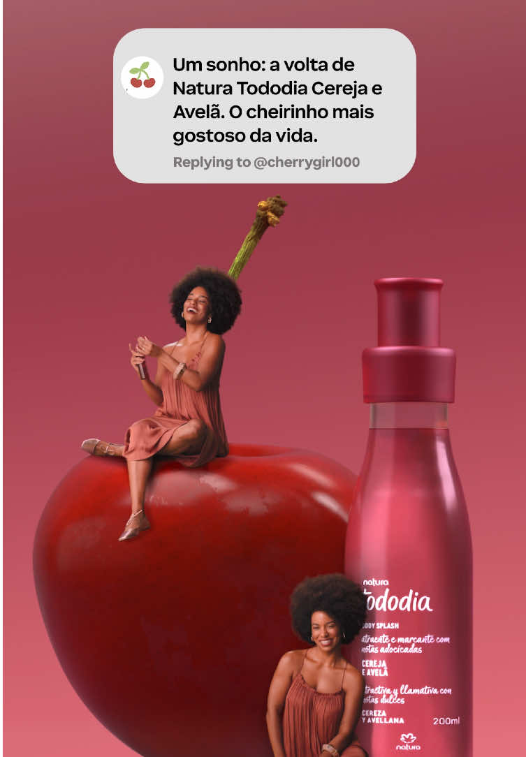 O HIT icônico voltou! 🍒🌰 Tododia Cereja e Avelã é sempre tendência e está de volta, agora mais icônica do que nunca. Pronta para experimentar uma pele irresistivelmente perfumada? Já disponível nas lojas, no site ou com uma consultora Natura.