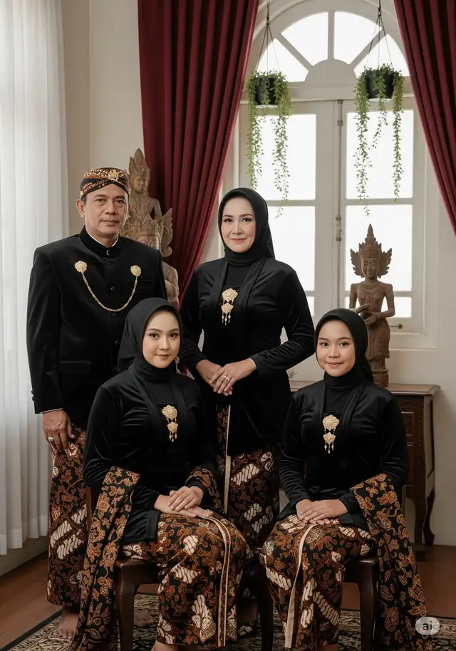 AI Prompt: Foto keluarga Jawa formal dengan empat anggota keluarga:  dua wanita duduk di depan masing-masing berusia 23 dan umur 13,  satu pria ayah berusia 63 dan ibu berusia 53 berdiri di belakang.  Semua mengenakan busana adat Jawa berwarna hitam elegan: pria memakai beskap hitam dan blangkon batik,  wanita memakai kebaya beludru hitam berhijab dengan bros keemasan, bawahan jarik batik tradisional. Latar belakang ruangan klasik Jawa dengan tirai merah marun, patung kayu antik, jendela putih besar, dan tanaman gantung. Gaya formal, komposisi simetris, pencahayaan studio lembut, ekspresi serius dan anggun, sangat realistis dan detail. Rasio 3:4.