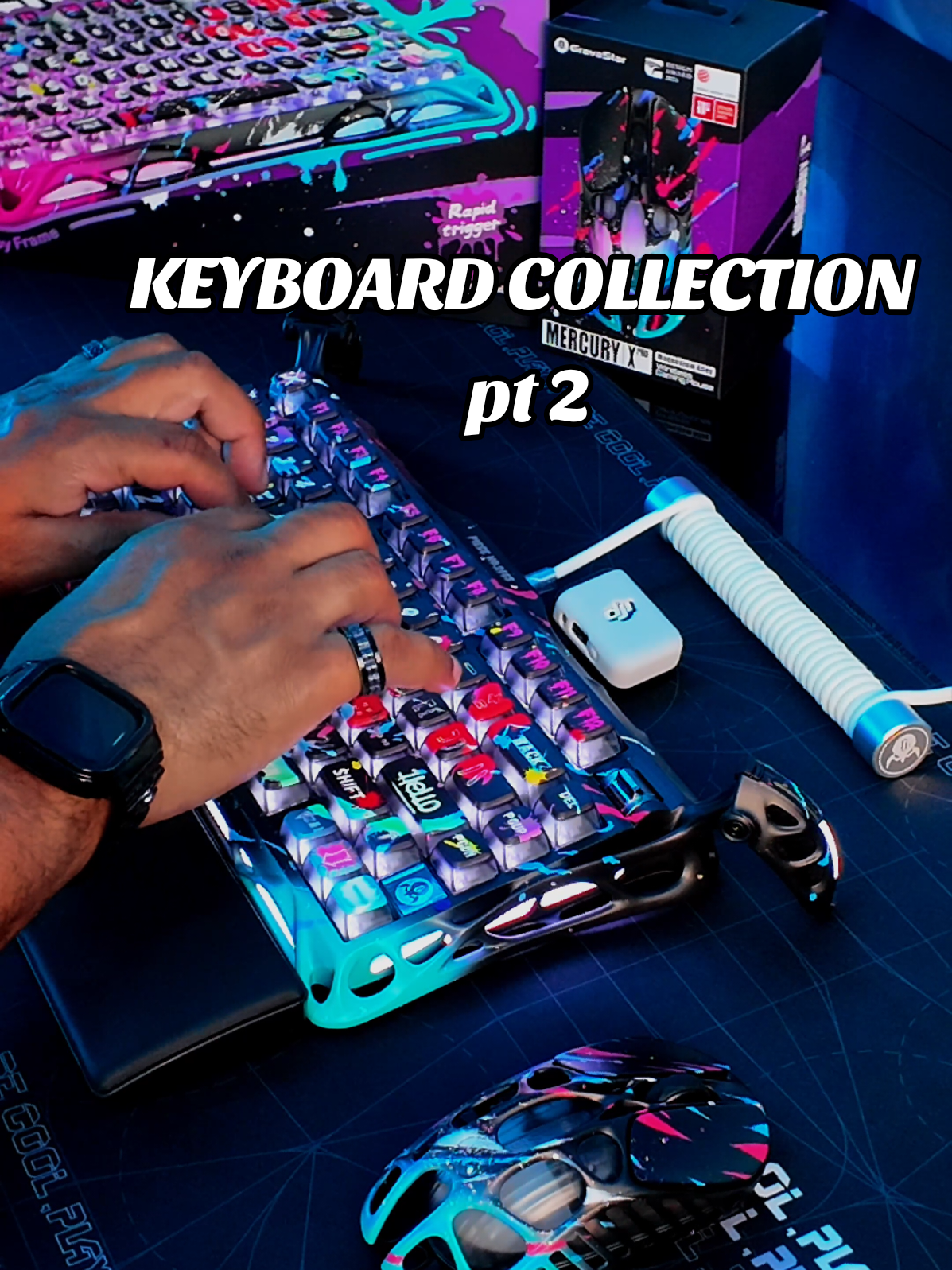 @GravastarTikTok Mercury V75 Pro Special Edition - Neon Graffiti True 8kHz Polling Rate: Boasts an 8000Hz USB polling rate paired with 256kHz key-position scanning, reducing latency to a near-instantaneous 0.125ms. ​GravaStar x Gateron Magnetic Jade Gaming Switch: Engineered for 0.005mm precision with adjustable trigger depth (0.1mm–4.0mm) to eliminate lag and enhance control. ​Adjustable Actuation Point: Customizable trigger depth (0.1mm increments, 0.1mm–4.0mm) to suit playstyles—shallow for fast combos, deep for precise inputs. ​Dynamic Rapid Trigger: Dynamically adjusts activation/deactivation points based on key travel (not preset limits), enabling fluid rapid-fire key repeats. ​Last Keystroke Prioritization (LKP) + Snap Click: Prioritizes the last-pressed key for smooth directional changes; resolves simultaneous presses by favoring deeper inputs. ​Rapid Trigger Mode: Eliminates key 