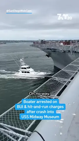 A 65-foot boat collided with the USS Midway Museum, causing thousands of dollars in damage, according to the USS Midway. The boat's operator, identified as 40-year-old Frank D’Anna, was arrested for boating under the influence, hit-and-run and operating a vessel with a blood-alcohol level over the legal limit of .08, the Port of San Diego Harbor Police Department said Monday. Surveillance video showed the 65-foot boat named Offshore Lifestyle slowly slam into the decommissioned Navy ship along the downtown waterfront Friday afternoon. After the crash, Harbor police said, the vessel took off from the scene.