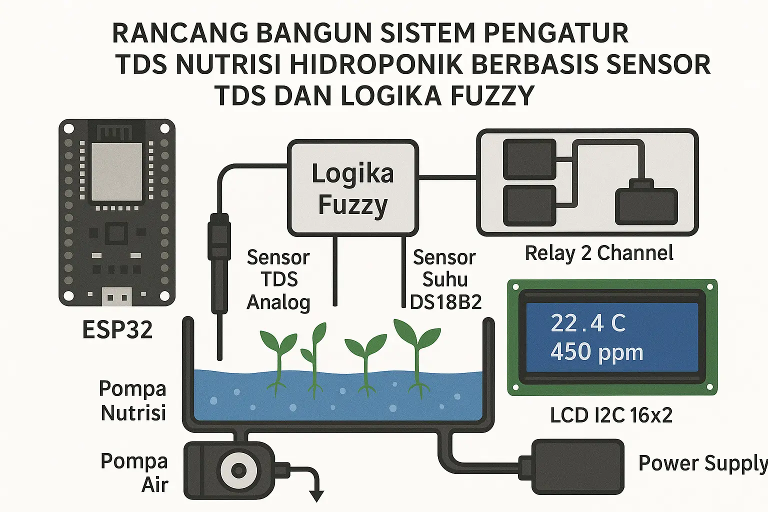 Rancang Bangun Sistem Pengatur TDS Nutrisi Hidroponik Berbasis Sensor TDS dan Logika Fuzzy  Menggunakan ESP32 Sistem ini menggunakan ESP32 untuk mengatur konsentrasi TDS larutan nutrisi hidroponik secara otomatis. Sensor TDS dan DS18B20 membaca nilai ppm dan suhu, lalu diproses dengan logika fuzzy. Pompa nutrisi dan pompa air dikendalikan oleh driver L298N untuk menambah atau menurunkan TDS sesuai kebutuhan. Hasil pembacaan ditampilkan di LCD 16x2. #esp32 #esp32project #iot #hidroponik #tds 