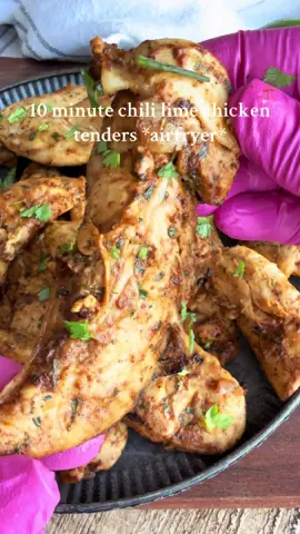 Chili lime chicken tenders in the air fryer in just 10 minutes. These make the easiest dinner. They pair well with rice, beans, macaroni and cheese, they even work great for fajita tacos. You can find the full recipe on my website www.goldengracekitchen.com and search chili lime chicken tenders or you can google golden grace kitchen chili lime chicken tenders. ##airfryer##airfryerrecipes##airfryermaster##airfryertiktok##chickenrecipes##chickendinner##dinnerrecipes##easydinnerideas##easydinnerrecipes##glutenfree##paleo##ketorecipes