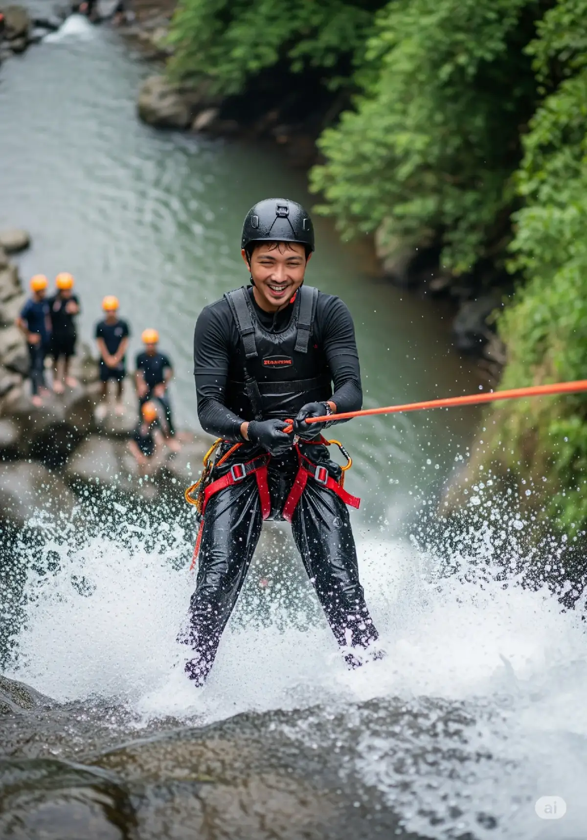 Outbound Prompt : Seorang pria muda Indonesia sedang menuruni air terjun dalam kegiatan canyoning. Ia mengenakan pakaian tahan air berwarna hitam, sarung tangan keselamatan berwarna oranye, serta harness pengaman berwarna merah. Ia memakai helm dan tersenyum percaya diri sambil menunjuk ke depan. Percikan air terlihat dramatis di sekitarnya saat ia menuruni tebing dengan tali. Latar belakang menampilkan pemandangan alam hijau yang subur dan aliran sungai, dengan beberapa orang lainnya memakai helm berdiri di atas batu, memberi kesan petualangan dan kebersamaan. Rasio foto 3:4 #chatgpt #ai #gemini 
