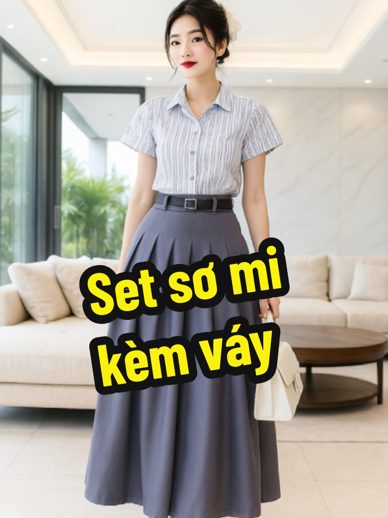 Set áo sơ mi phối chân váy xoè dài xếp ly nhẹ. Thanh lịch mà sang, mặc đi làm, đi cafe đều hợp miễn bàn chị em ơi  @HiềnXinh Shop #setdoxinh #setthietke #damcongso #thoitrangnu #macxinhmoingayy 