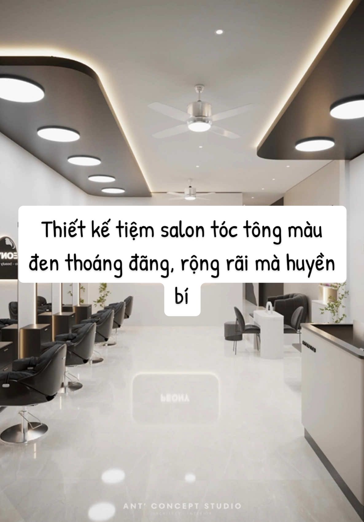 Thiết kế tiệm salon tóc tông màu đen thoáng đãng, rộng rãi mà huyền bí #xuhuong #antconcept #thietkespa #thicongspa #salontoc #salontocdep #thietkesalon #babershop 