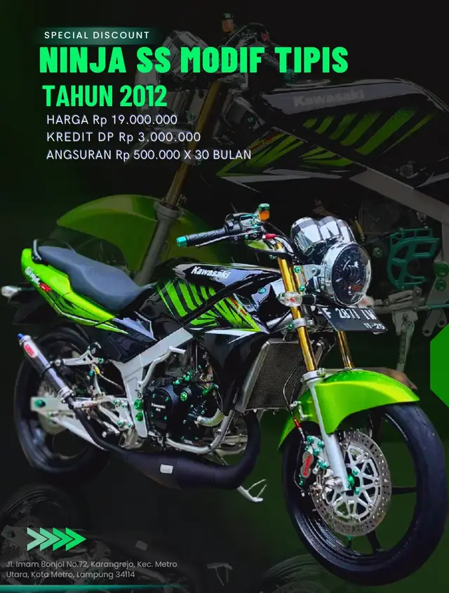 Ninja ss Asli Zebra 2015  ↘️ Spesifikasi Kendaraan  Harga Cash Rp 19.000.000 Credit DP Rp 3.000.000  Tenor 30 Bulan X Rp 500.000  🔥 GARANSI ARS  🔥 BPKB STNK FAKTUR  🔥 PAJAK PANJANG  🔥 FREE MUTASI STNK PLAT  🔥 ONGKOS KIRIM GRATIS Selengkapnya....  Wa 0882-019-737-753  📞Kontak Kami Untuk informasi lebih lanjut, silakan kunjungi showroom kami atau hubungi kami melalui nomor telepon dan email yang tersedia #xyzbca #mokastudio #fyp #fypage #storytime #foryoupage #motorcycle #trending #fypシviral #fypシ #viralditiktok #ninja #kawasaki #padahariini #trendingsong #berandatiktok 