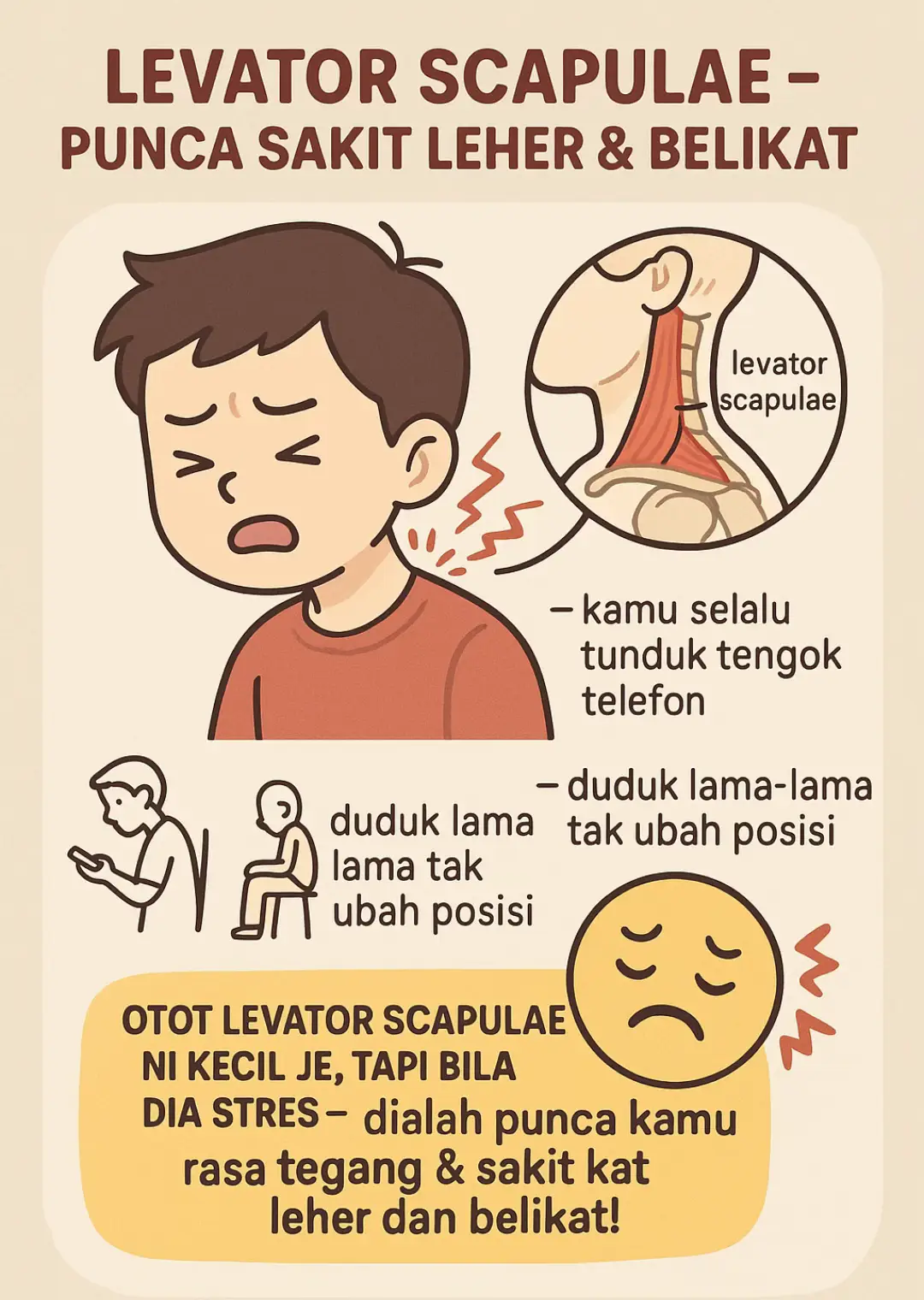 Okay! Bayangkan anda ada tali getah yang sambungkan tengkuk (leher belakang) dengan bahu atas. Getah tu nama dia levator scapulae. Kerja dia: 💪 Angkat bahu anda ke atas (macam bila anda angkat bahu bila kata “tak tahu”) ala macam trend inteam tu~ Tapi kalau: – anda selalu tunduk tengok telefon – duduk lama-lama tak ubah posisi – atau angkat beg berat satu bahu je Getah tu boleh jadi penat dan ketat, macam getah tayar umpamanya yang warna hitam tu fuh bayangkan! Bila jadi macam tu, kamu akan rasa: 😖 Sakit tengkuk 😖 Lenguh di belakang bahu 😖 Rasa keras bila pusing kepala Kesimpulannya, otot levator scapulae ni kecil je, tapi bila dia stres – dialah punca kamu rasa tegang & sakit kat leher dan belikat! Nak bagi lega? ➡️ Urut, regangan (stretch), duduk elok-elok(jaga posisi), dan jangan terlalu lama tengok phone 😄 #sakitleher #urutbelikat #terapiotot #posturebetul #levatorscapulae