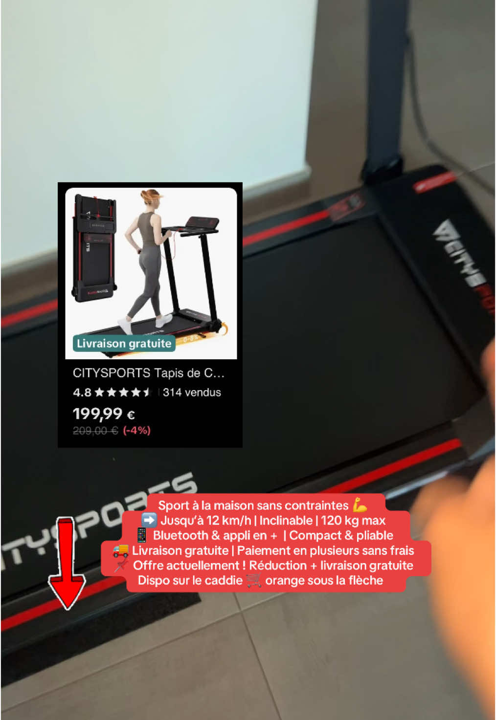 Clique sur le panier pour acheter maintenant  Sport à la maison sans contraintes 💪   ➡️ Jusqu’à 12 km/h | Inclinable | 120 kg max   📱 Bluetooth & appli en +  | Compact & pliable   🚚 Livraison gratuite | Paiement en plusieurs sans frais   📌 Offre actuellement ! Réduction + livraison gratuite Dispo sur le caddie 🛒 orange sous la flèche   Produit testé par moi même gratuitement et approuvé à 100%  L’offre est disponible au moment du post, peut varier  Clique sur le bouton pour l’acheter maintenant sur tiktokshop  