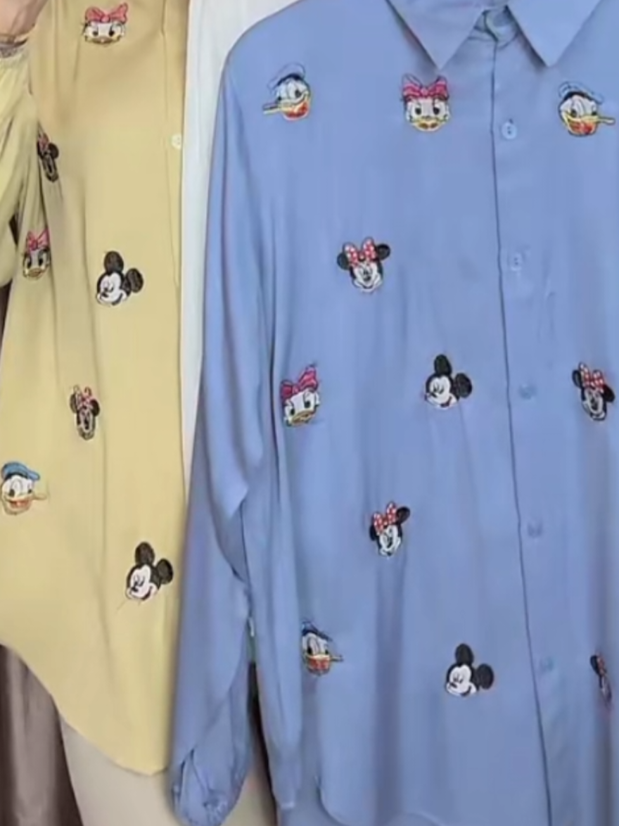 KEMEJA MICKEY ATASAN WANITA BORDIR LUCU RAYON TWILL POLOS