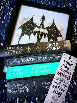 Mini Romantasy Stack I am not always the biggest fan of all romantasy, but there are books in this genre thay I genuinely love. Here is a little stack of romantasy that I currently have on my shelves, plus some of my matching bookish merch. What's your favourite romantasy book? #romantasy #romantasybooks #acourtofmistandfury #whenthemoonhatched #emilywildesencyclopaediaoffaeries #onyxstorm #fantasy #romance #bookstacks #BookTok #fantasybooktok #amreading