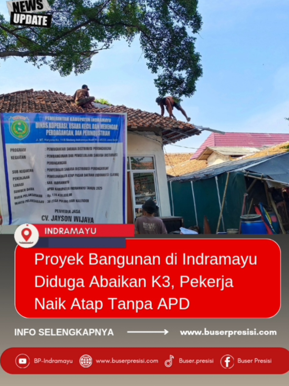 Indramayu, (Buserpresisi.com) – Proyek pembangunan di bawah naungan Dinas Koperasi, UKM, Perdagangan, dan Perindustrian Kabupaten Indramayu menuai sorotan. Pasalnya, para pekerja proyek di kawasan pasar tersebut terlihat bekerja tanpa Alat Pelindung Diri (APD).  Padahal, keselamatan dan kesehatan kerja (K3) merupakan aspek vital yang wajib diterapkan dalam setiap proyek, sesuai amanat Undang-undang Ketenagakerjaan No. 13 Tahun 2003 Pasal 87. Namun, realita di lapangan menunjukkan hal yang jauh dari harapan. Berdasarkan pantauan di lokasi, para pekerja tampak berada di atap dan mengangkat material tanpa perlindungan apapun. Mirisnya, tidak terlihat adanya pengawasan dari pihak dinas terkait, maupun pengawas proyek yang seharusnya memastikan standar K3 diterapkan dengan ketat. Menurut papan informasi proyek yang terpajang di lokasi, pembangunan ini menggunakan dana APBD Kabupaten Indramayu tahun 2025 sebesar Rp178.438.000 dan dikerjakan oleh CV. Jayson Wijaya, dengan waktu pelaksanaan selama 30 hari kalender. “Sangat disayangkan, proyek pemerintah kok bisa dibiarkan seperti ini. Harusnya ada pengawas yang memastikan pekerja memakai APD. Kalau sampai ada insiden, siapa yang tanggung jawab?” keluh seorang warga yang berada di sekitar lokasi proyek. Kondisi ini jelas bertolak belakang dengan semangat pemerintah dalam menjamin keselamatan tenaga kerja. Tanpa penerapan K3, risiko kecelakaan kerja meningkat tajam dan berpotensi menimbulkan kerugian, tidak hanya bagi pekerja, tapi juga bagi instansi yang menaungi proyek tersebut. Hingga berita ini diturunkan, belum ada keterangan resmi dari pihak Dinas Koperasi, UKM, Perdagangan, dan Perindustrian Kabupaten Indramayu terkait pengawasan dan penerapan K3 dalam proyek tersebut. #abaikank3 #proyekindramayu #diskopdaginindramayu #fyp #inspektoratindramayu 