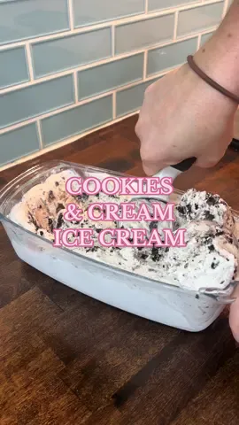 Cookies and cream homemade ice cream 🍦 I love making homemade ice cream without any fancy ice cream makers. It is surprisingly so easy to make and you only need 4 ingredients. I promise this tastes just like real ice cream!  Ingredients: 2 cups heavy whipping cream 14 oz sweetened condensed milk  1 tbsp vanilla extract  20 Oreo cookies, crushed @OREO  Instructions:  1. Whip heavy cream in kitchen aid or with hand mixer to form stiff peaks 2. Mix in sweetened condensed milk and vanilla extract  3. Crush Oreo cookies and fold into mixture 4. Pour mixture into sealed container and freeze for at least 6 hours  #homemadeicecream #cookiesandcream #icecreamlover #summerdessert #HomemadeDesserts #icecreamrecipe #cookiesandcreamicecream  