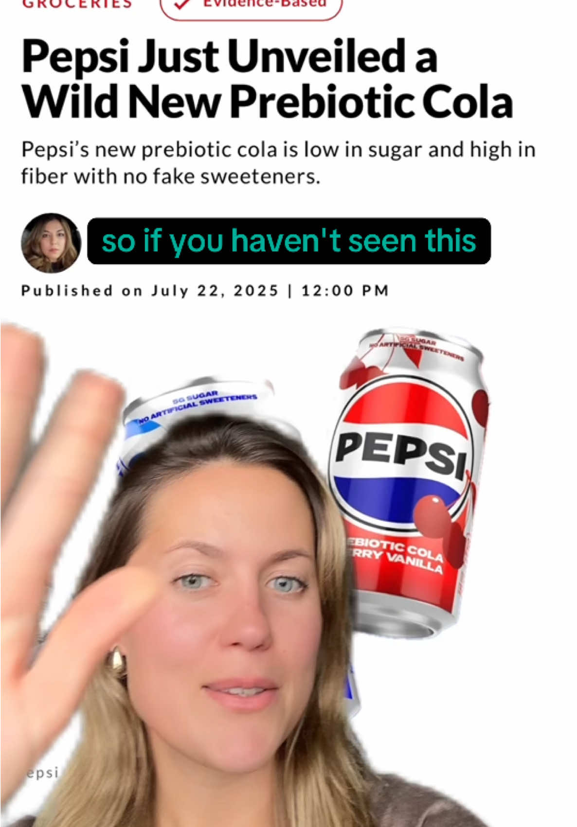 Pepsi announcing a new line of prebiotic colas?! I’m not too sure about this and think it’s just another example of trying to boost sales while also trying to make people think it’s a healthy choice 😤 although it’s an additional source of fibre - one which 90% are deficient in - I just think that we should be focusing on getting fibre from whole foods and not diet drinks like this 🤯 what do you guys think? #prebioticsoda #prebioticpepsi #pepsi #poppi #fiber 