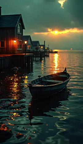 The Warmth of reflected light دفء الضوء المنعكس ✨️ #boat #sea #rain #lantern #marina #hut #light #nature #videobackground #reflection 